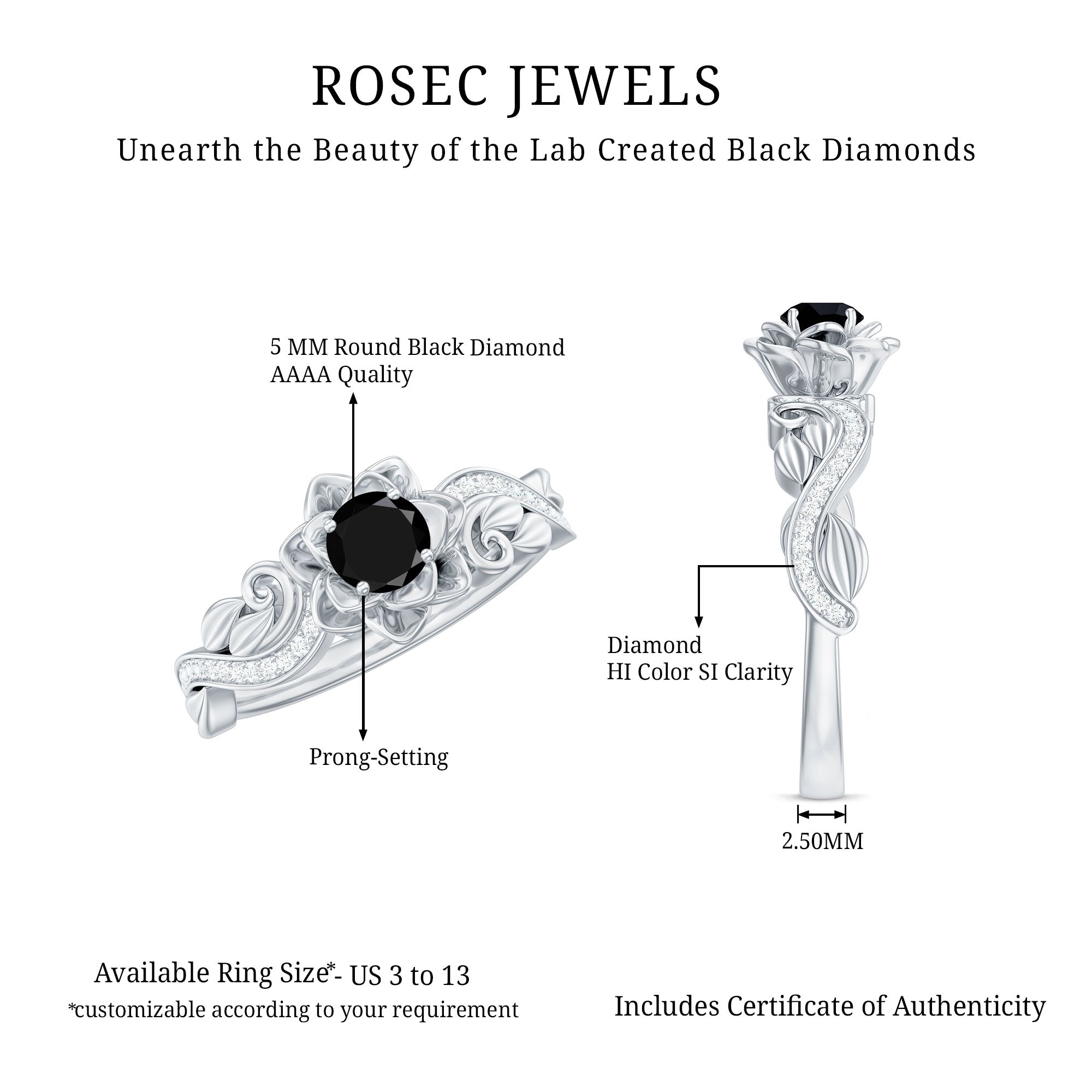 Certified 0.8 Carat Lab Grown Black and White Diamond Flower Engagement Ring AAAA ( Synthetic ) - Rosec Jewels
