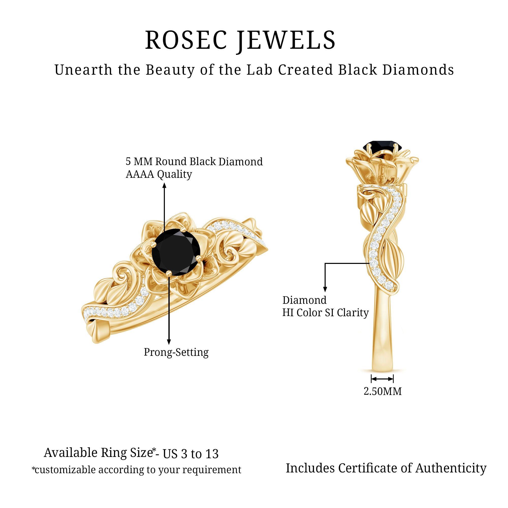 Certified 0.8 Carat Lab Grown Black and White Diamond Flower Engagement Ring AAAA ( Synthetic ) - Rosec Jewels