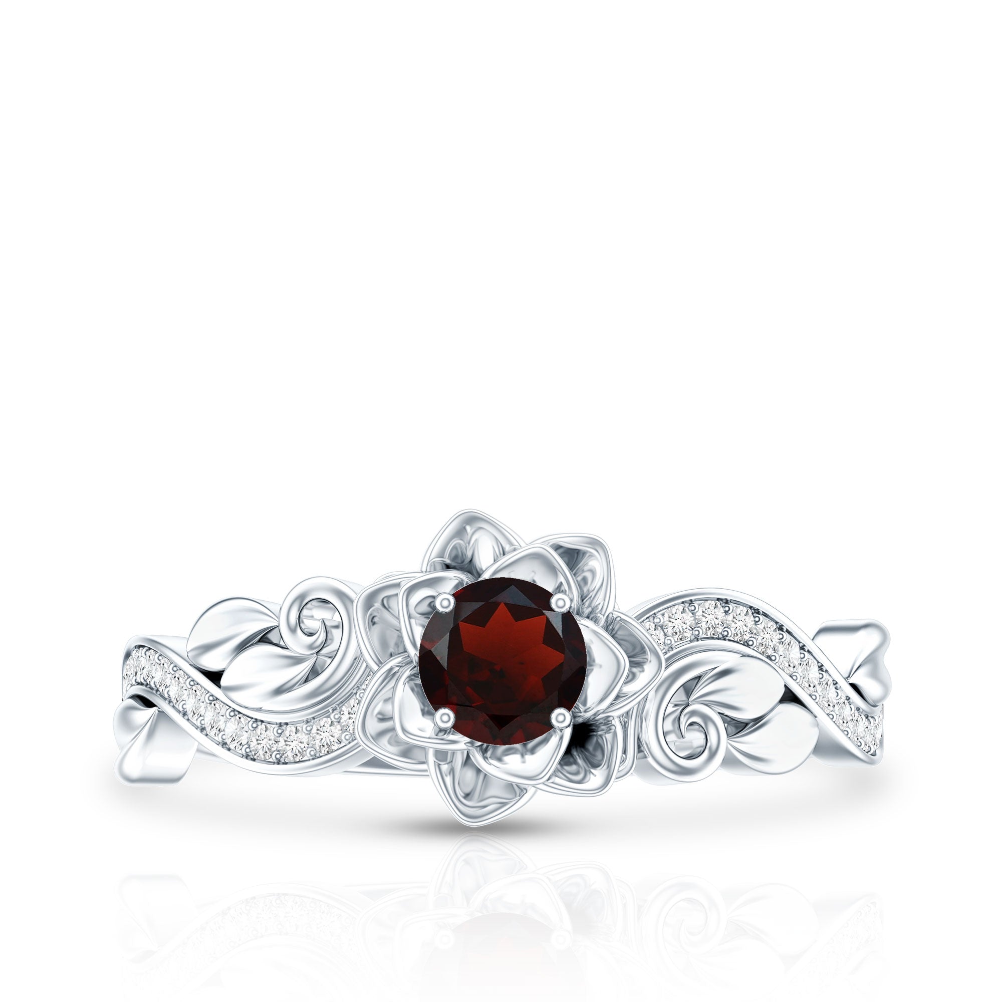 Certified Natural Garnet Rose Flower Engagement Ring with Diamond AAA - Rosec Jewels