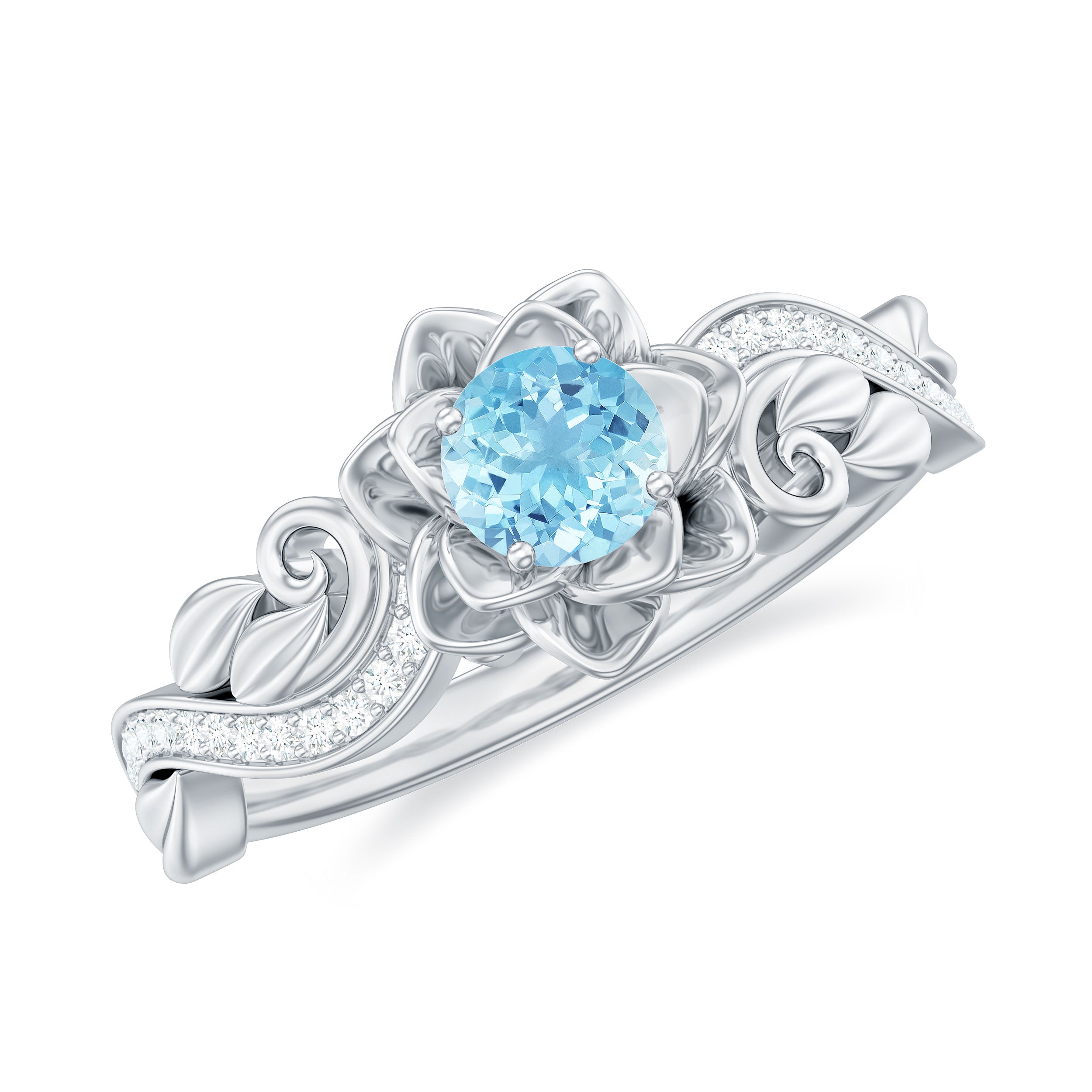 Natural Aquamarine Flower Inspired Engagement Ring With Diamond