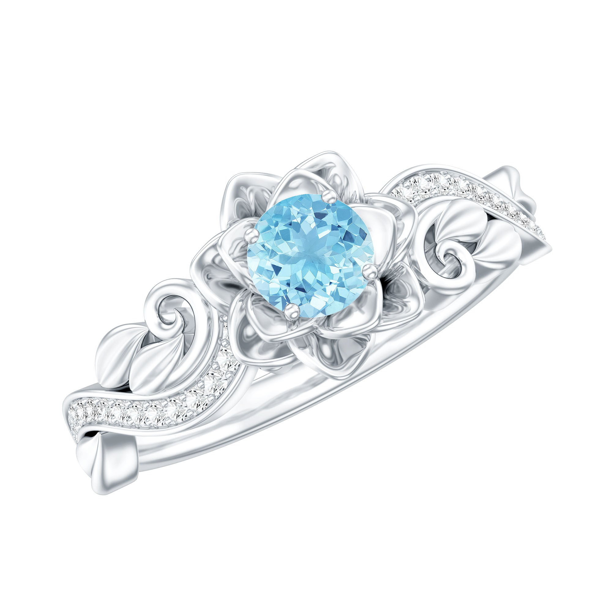 Natural Aquamarine Flower Inspired Engagement Ring With Diamond AAA - Rosec Jewels