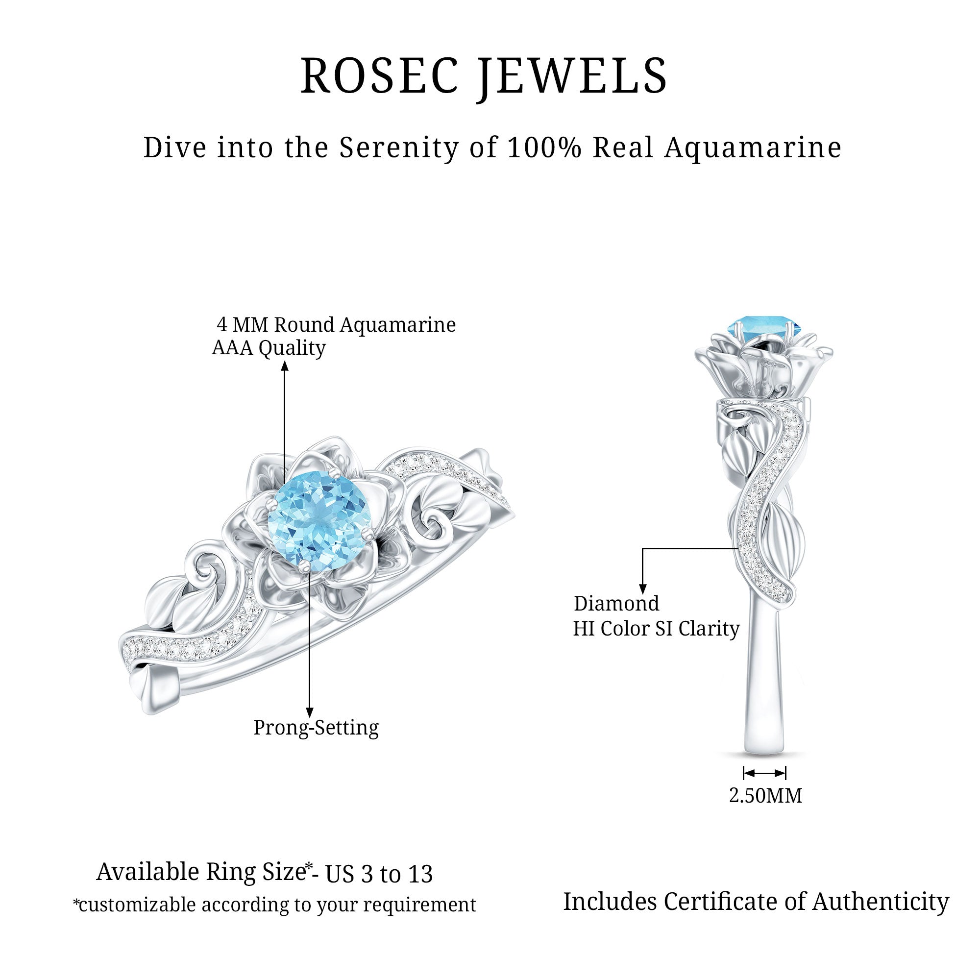 Natural Aquamarine Flower Inspired Engagement Ring With Diamond AAA - Rosec Jewels