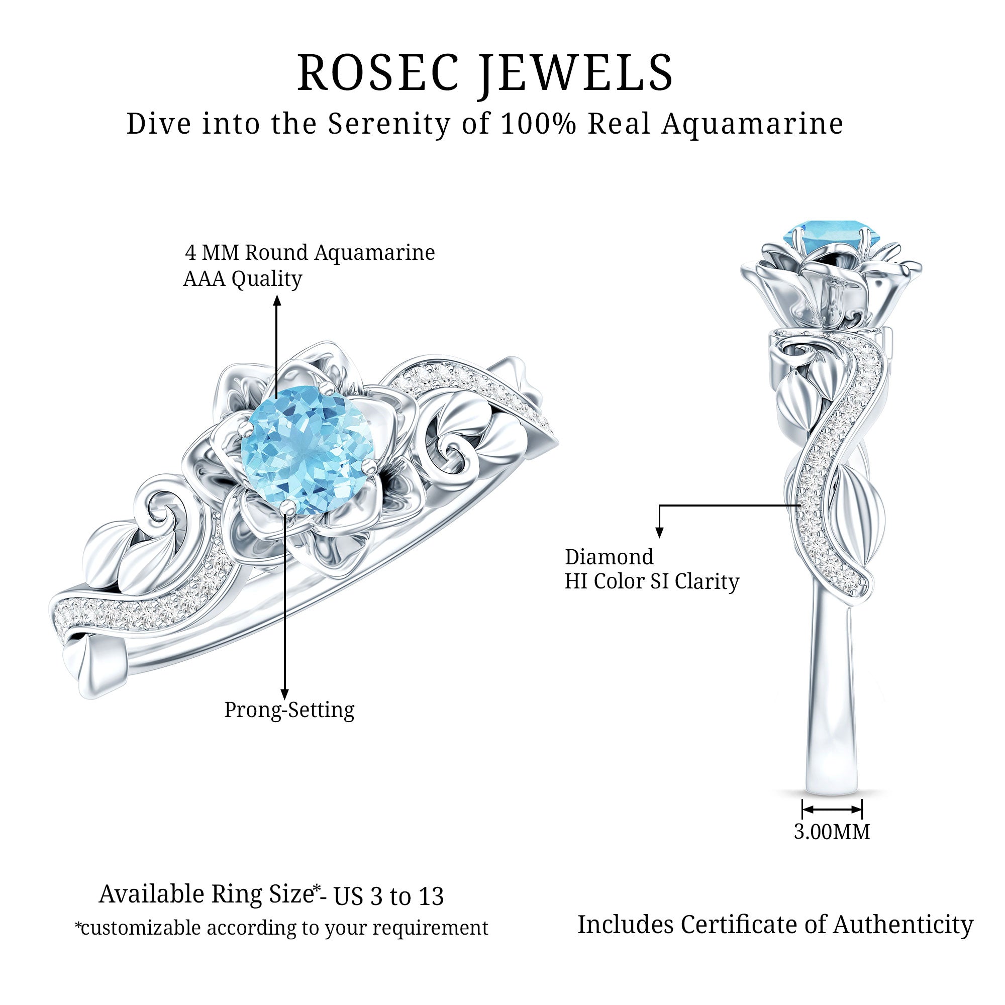Natural Aquamarine Flower Inspired Engagement Ring With Diamond AAA - Rosec Jewels