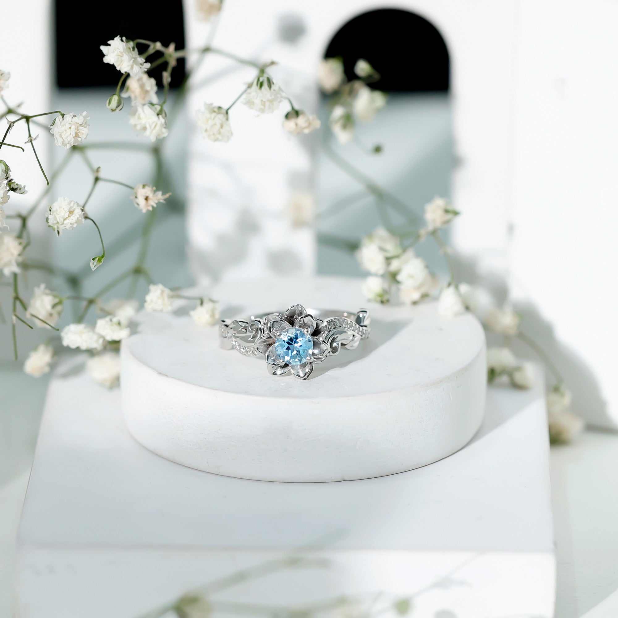 Natural Aquamarine Flower Inspired Engagement Ring With Diamond AAA - Rosec Jewels
