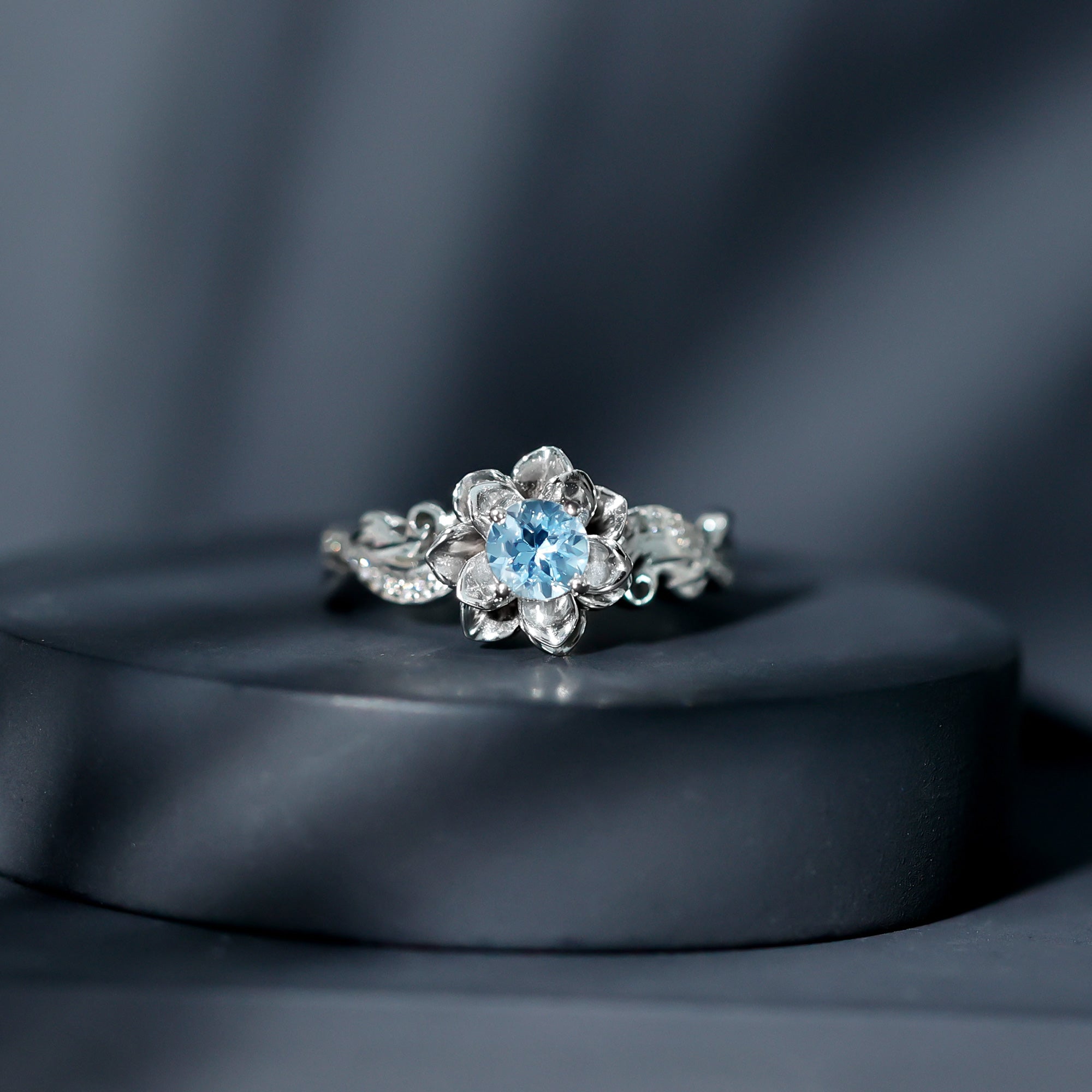 Natural Aquamarine Flower Inspired Engagement Ring With Diamond AAA - Rosec Jewels