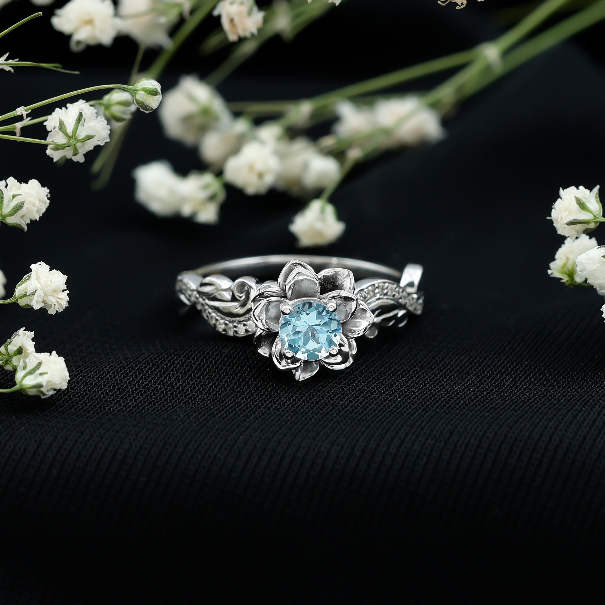 Natural Aquamarine Flower Inspired Engagement Ring With Diamond AAA - Rosec Jewels