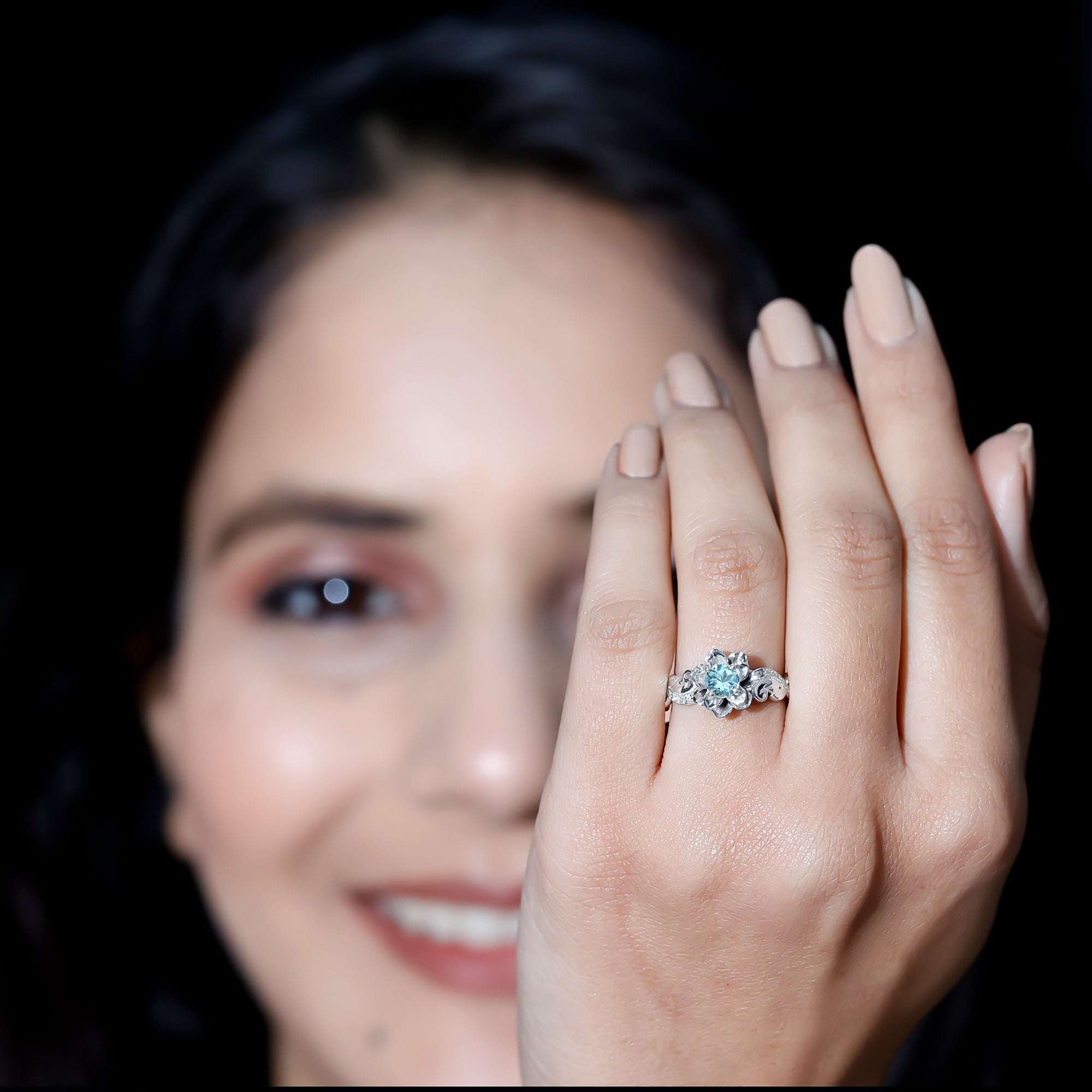 Natural Aquamarine Flower Inspired Engagement Ring With Diamond AAA - Rosec Jewels