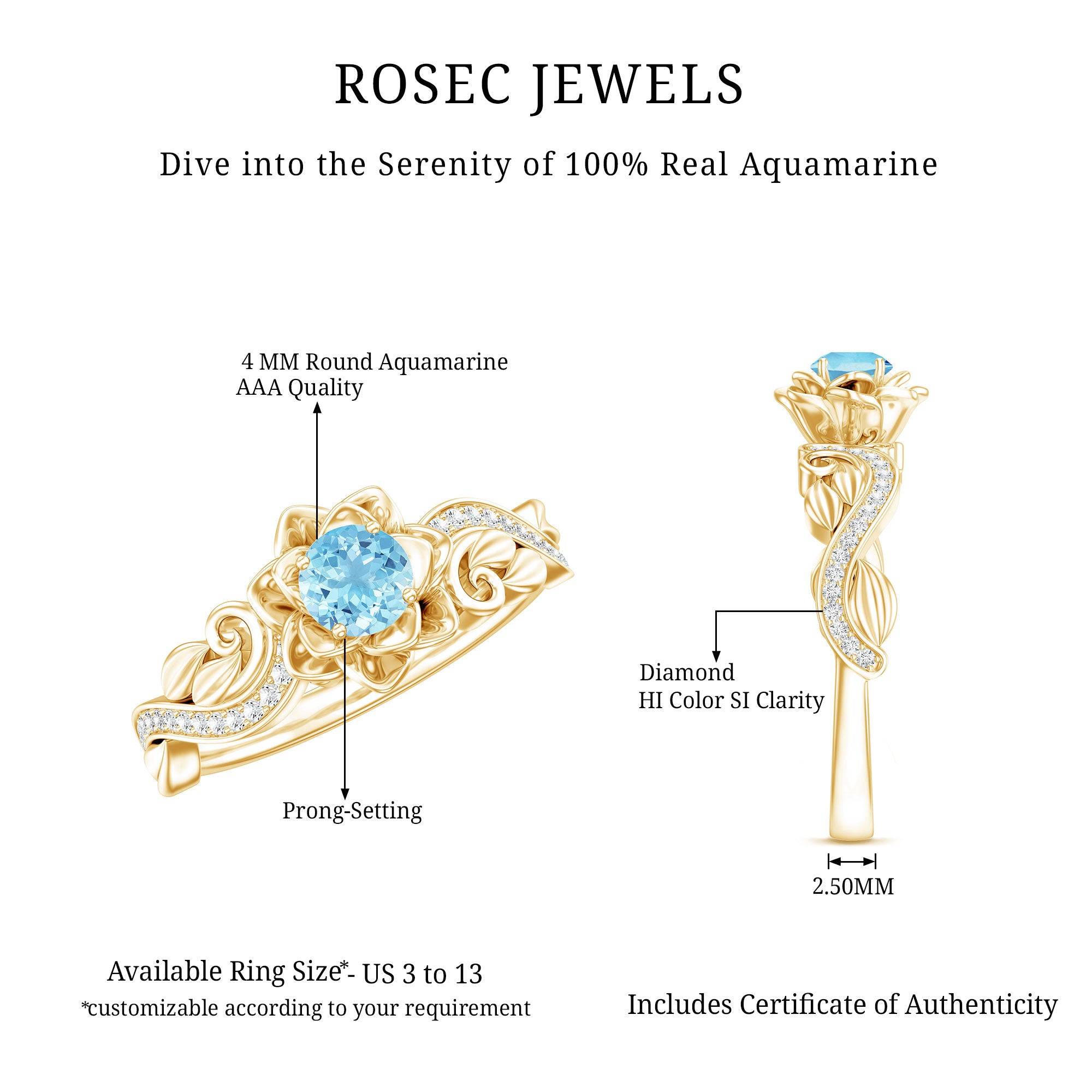Natural Aquamarine Flower Inspired Engagement Ring With Diamond AAA - Rosec Jewels