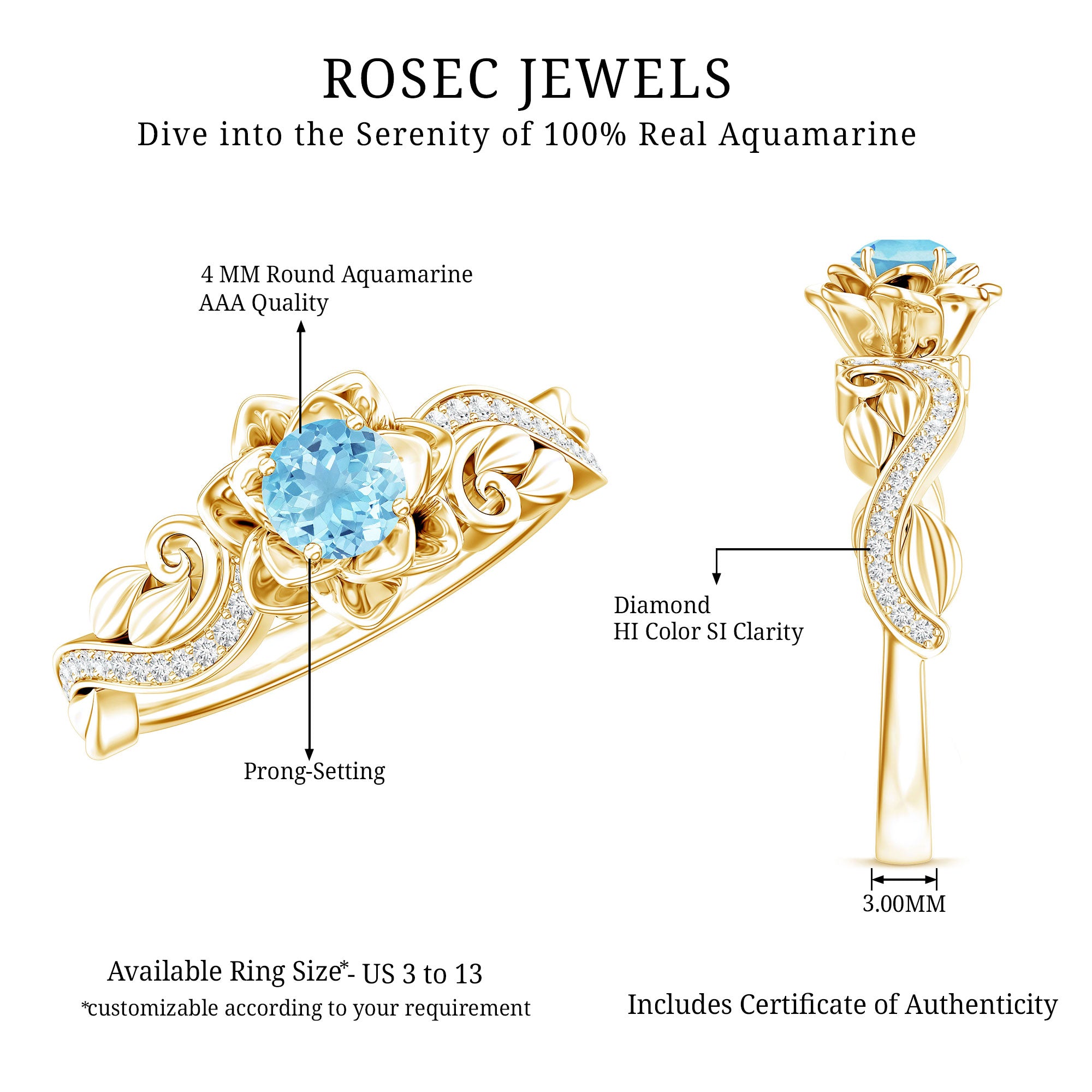 Natural Aquamarine Flower Inspired Engagement Ring With Diamond AAA - Rosec Jewels