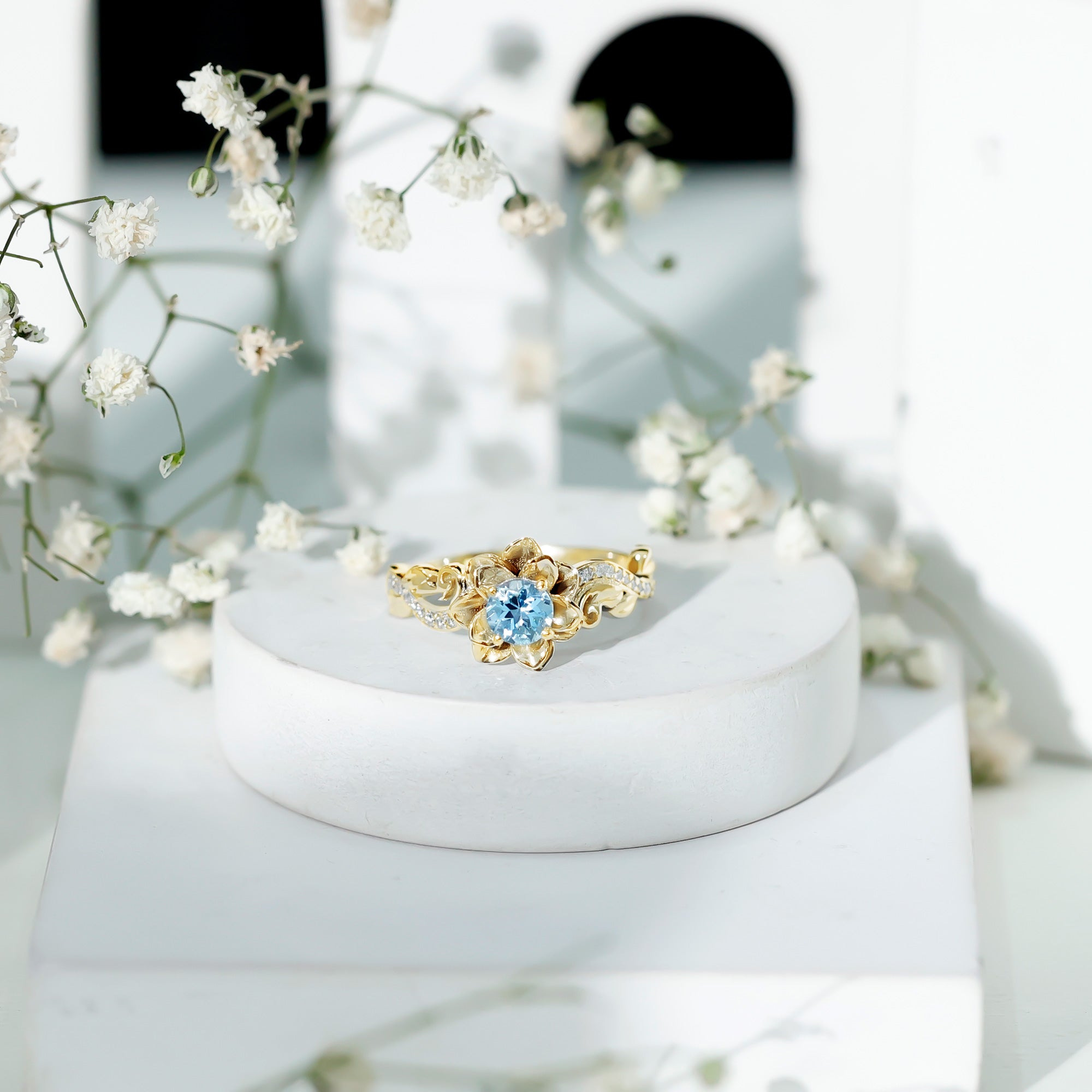 Natural Aquamarine Flower Inspired Engagement Ring With Diamond AAA - Rosec Jewels