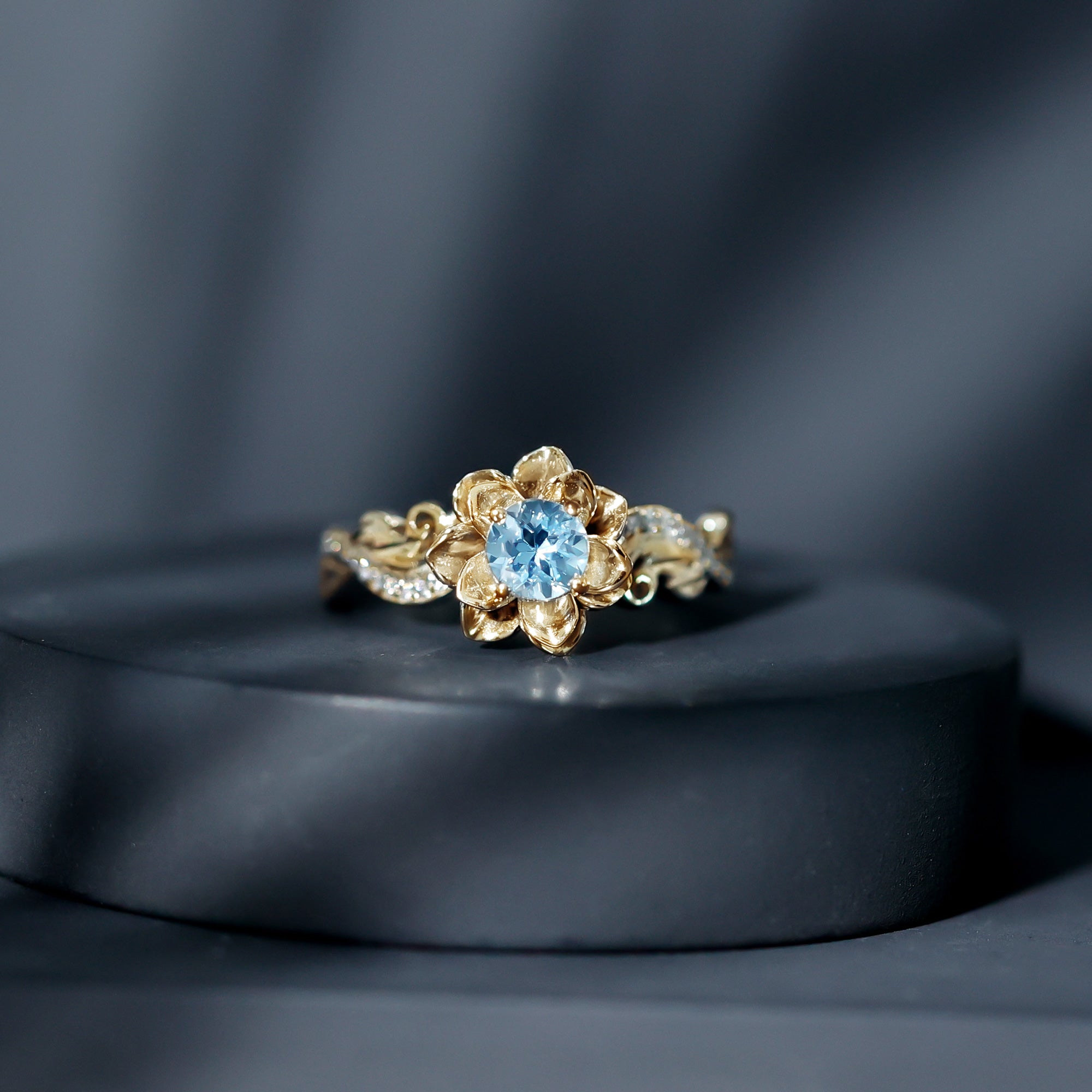 Natural Aquamarine Flower Inspired Engagement Ring With Diamond AAA - Rosec Jewels