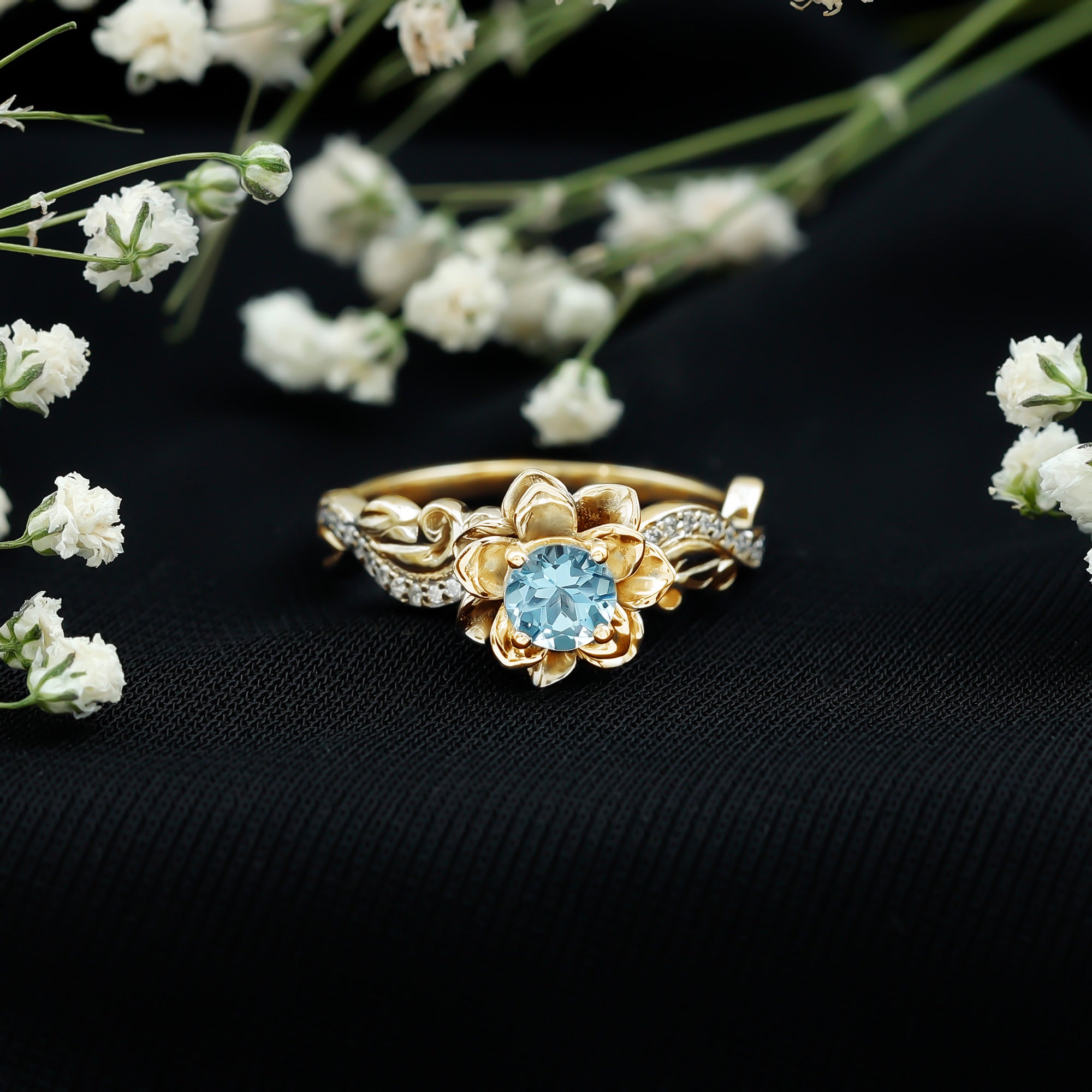 Natural Aquamarine Flower Inspired Engagement Ring With Diamond AAA - Rosec Jewels