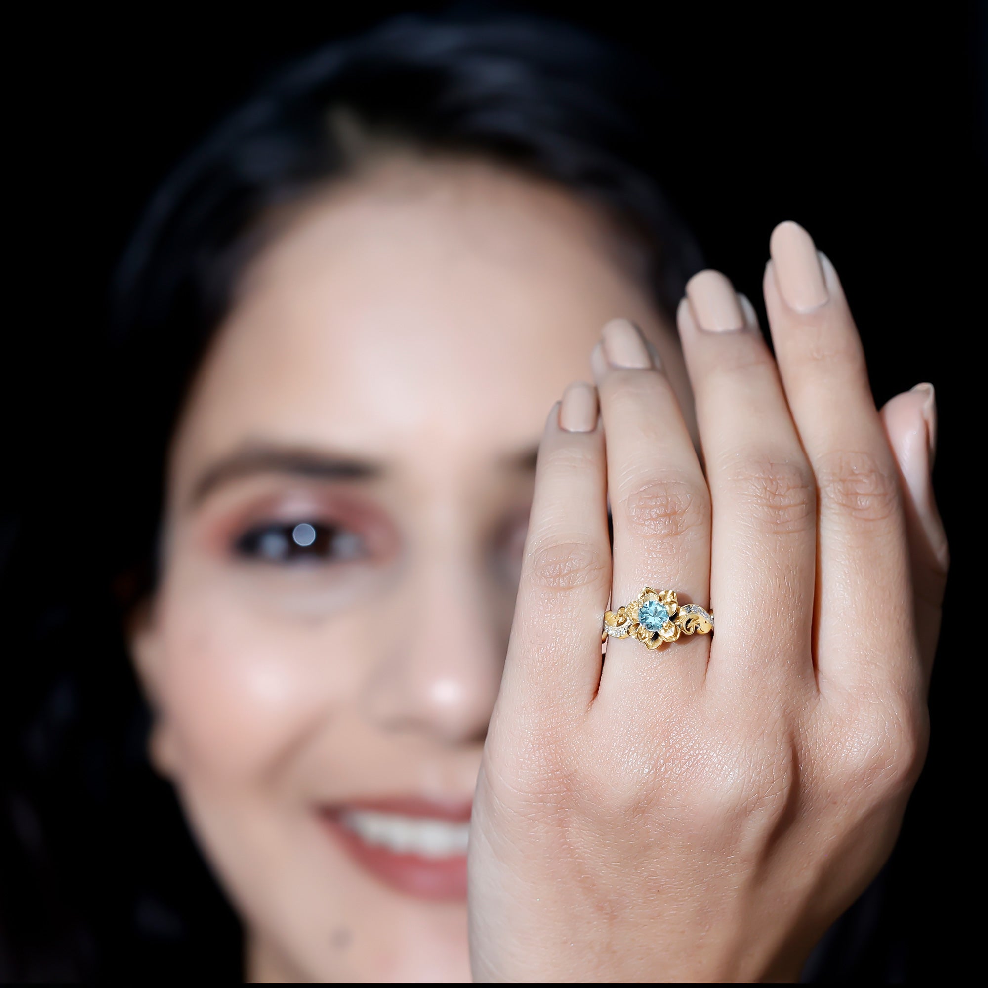 Natural Aquamarine Flower Inspired Engagement Ring With Diamond AAA - Rosec Jewels