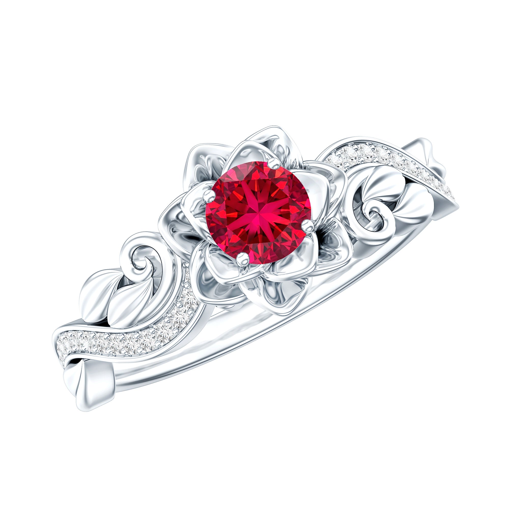 Nature Inspired Engagement Ring with Lab Ruby and Diamonds AAAA - Rosec Jewels