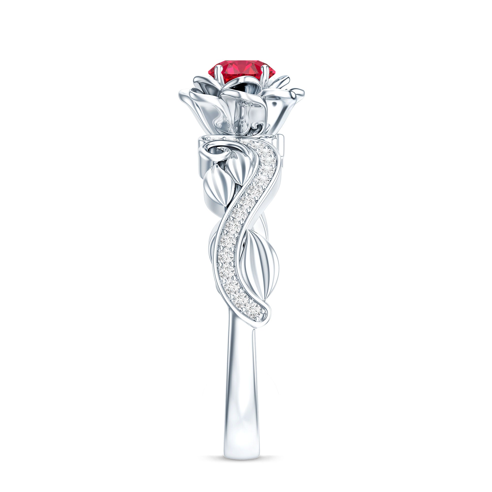 Nature Inspired Engagement Ring with Lab Ruby and Diamonds AAAA - Rosec Jewels
