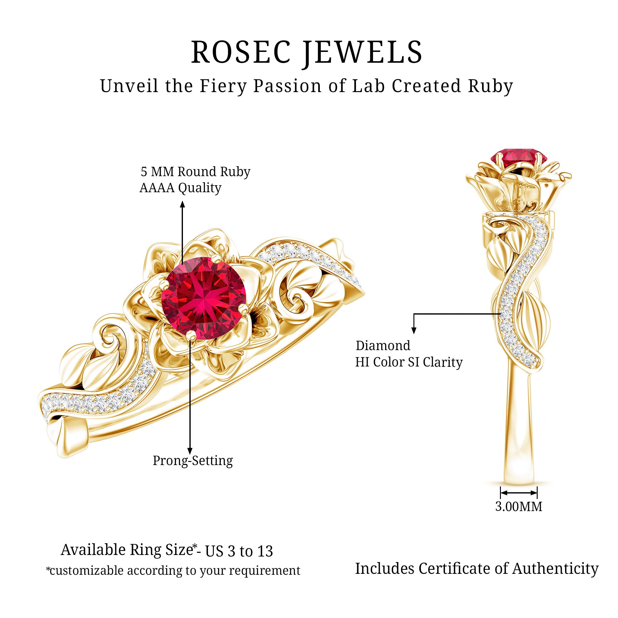 Nature Inspired Engagement Ring with Lab Ruby and Diamonds AAAA - Rosec Jewels