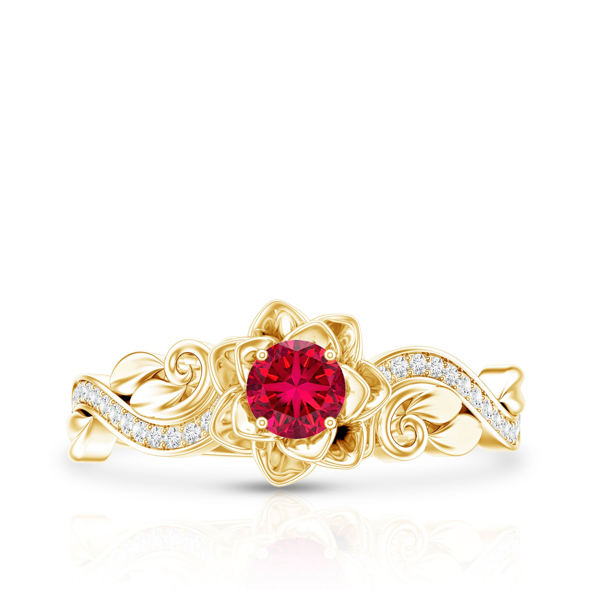 Nature Inspired Engagement Ring with Lab Ruby and Diamonds AAAA - Rosec Jewels
