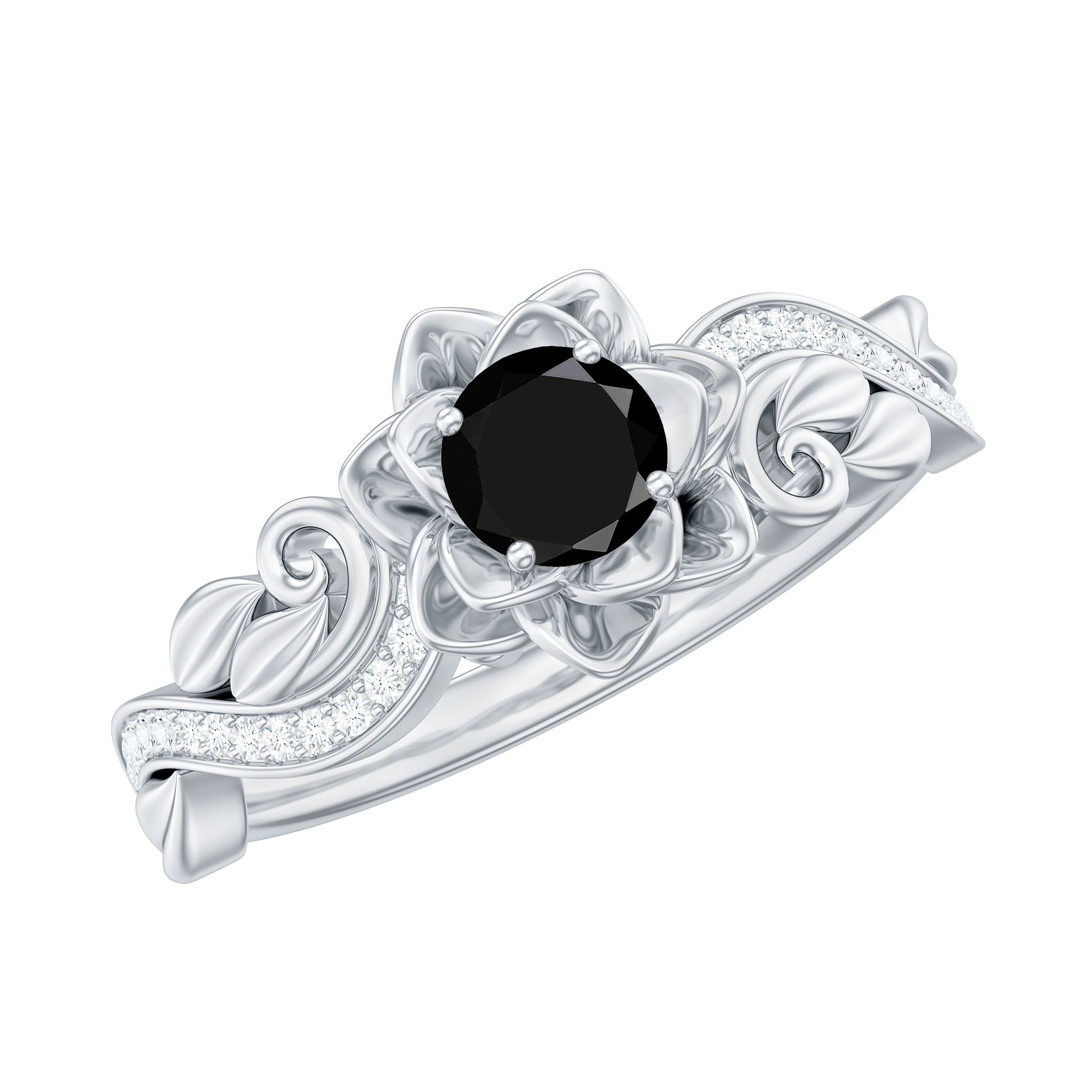 Nature Inspired Black Onyx and Diamond Floral Engagement Ring