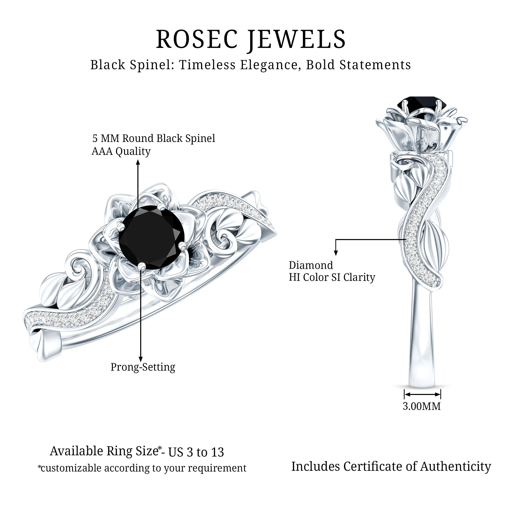 Rosec Jewels-Real Black Spinel Blooming Flower Engagement Ring with Diamond