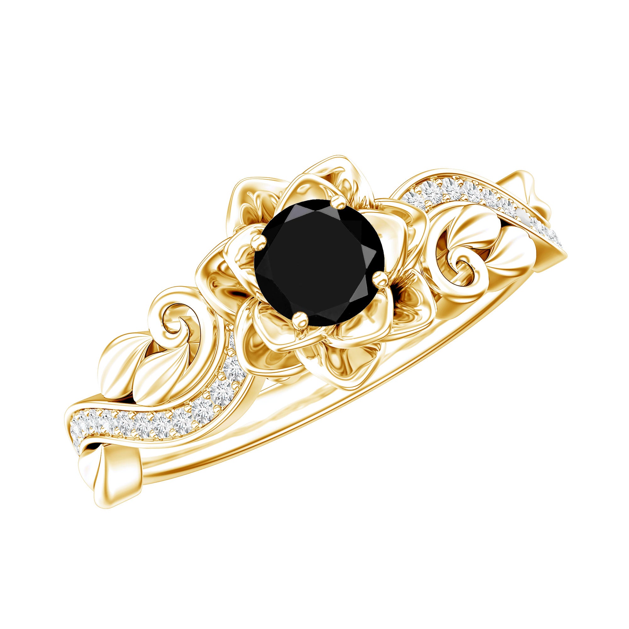 Rosec Jewels-Real Black Spinel Blooming Flower Engagement Ring with Diamond