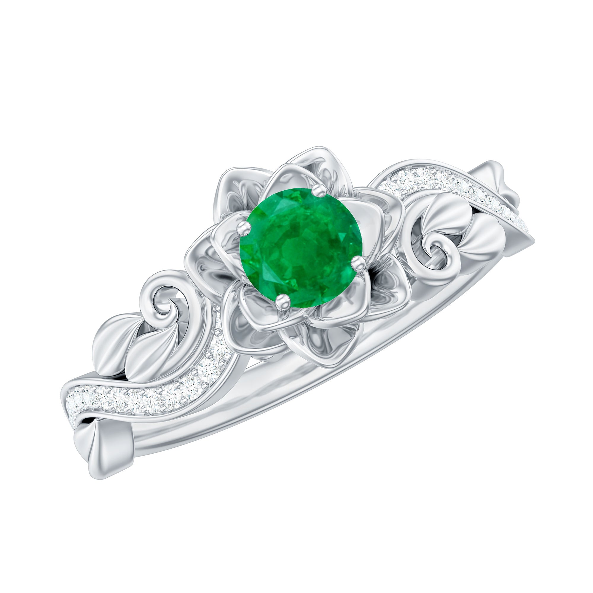 Certified 5 MM Emerald and Diamond Flower Engagement Ring