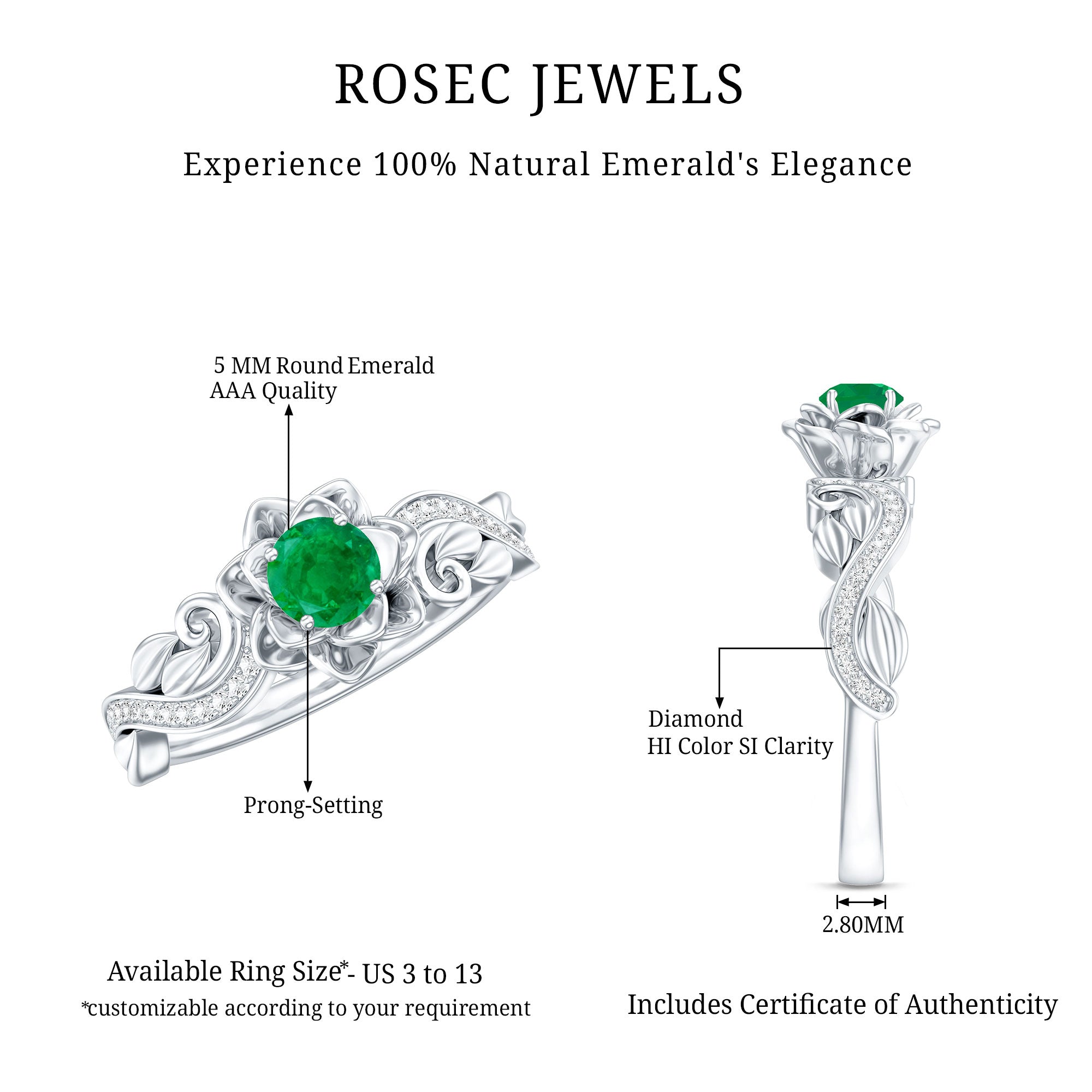 Certified 5 MM Emerald and Diamond Flower Engagement Ring AAA - Rosec Jewels