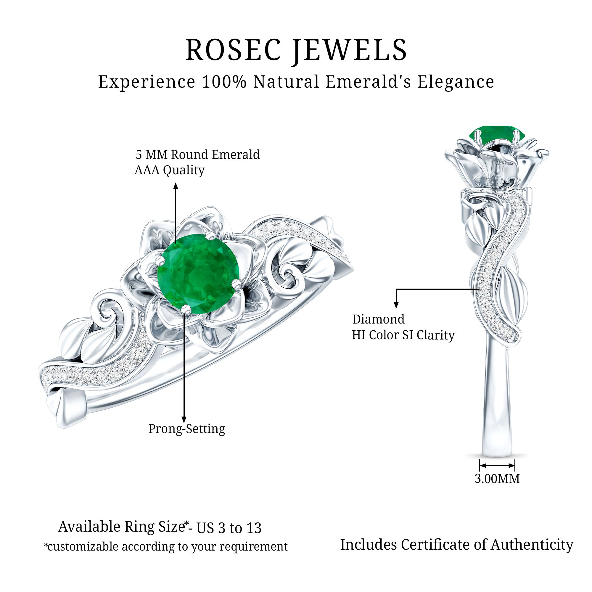 Natural Emerald Flower Engagement Ring with Diamond AAA - Rosec Jewels