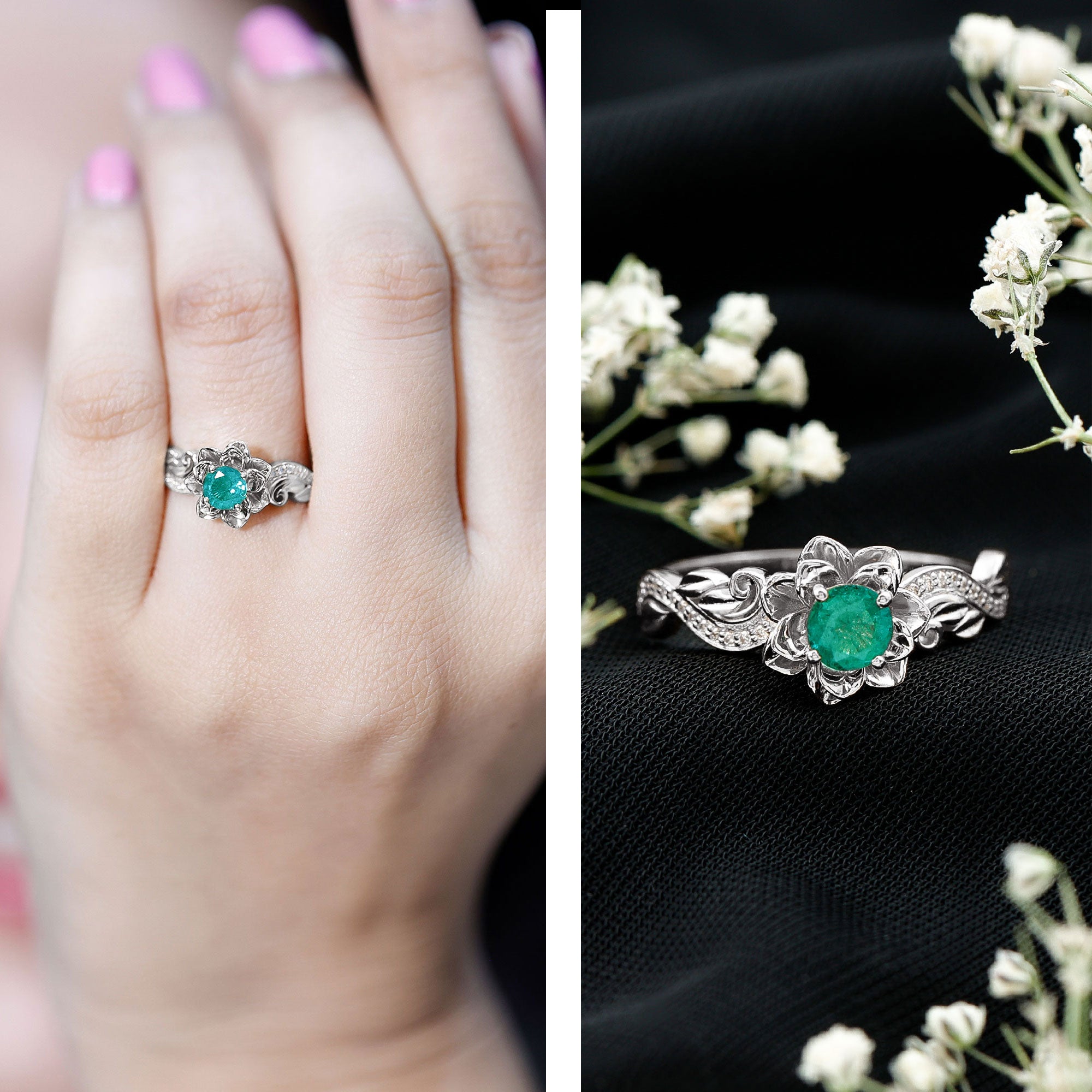Natural Emerald Flower Engagement Ring with Diamond AAA - Rosec Jewels