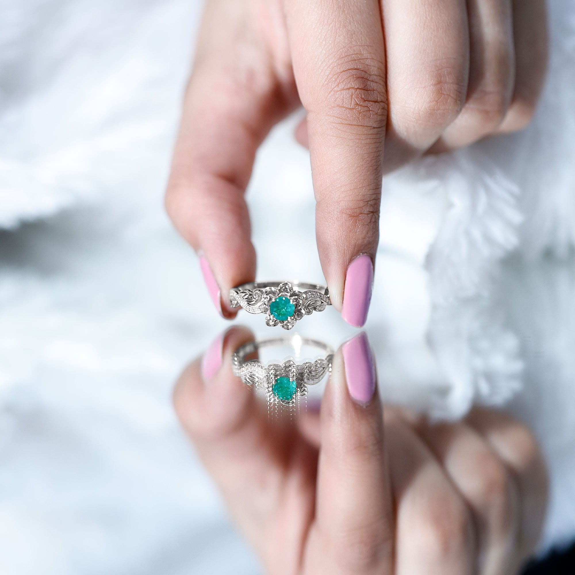 Certified 5 MM Emerald and Diamond Flower Engagement Ring AAA - Rosec Jewels