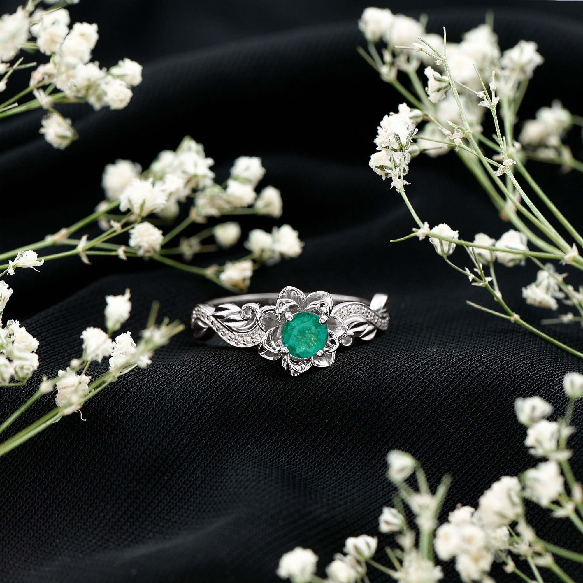 Certified 5 MM Emerald and Diamond Flower Engagement Ring AAA - Rosec Jewels