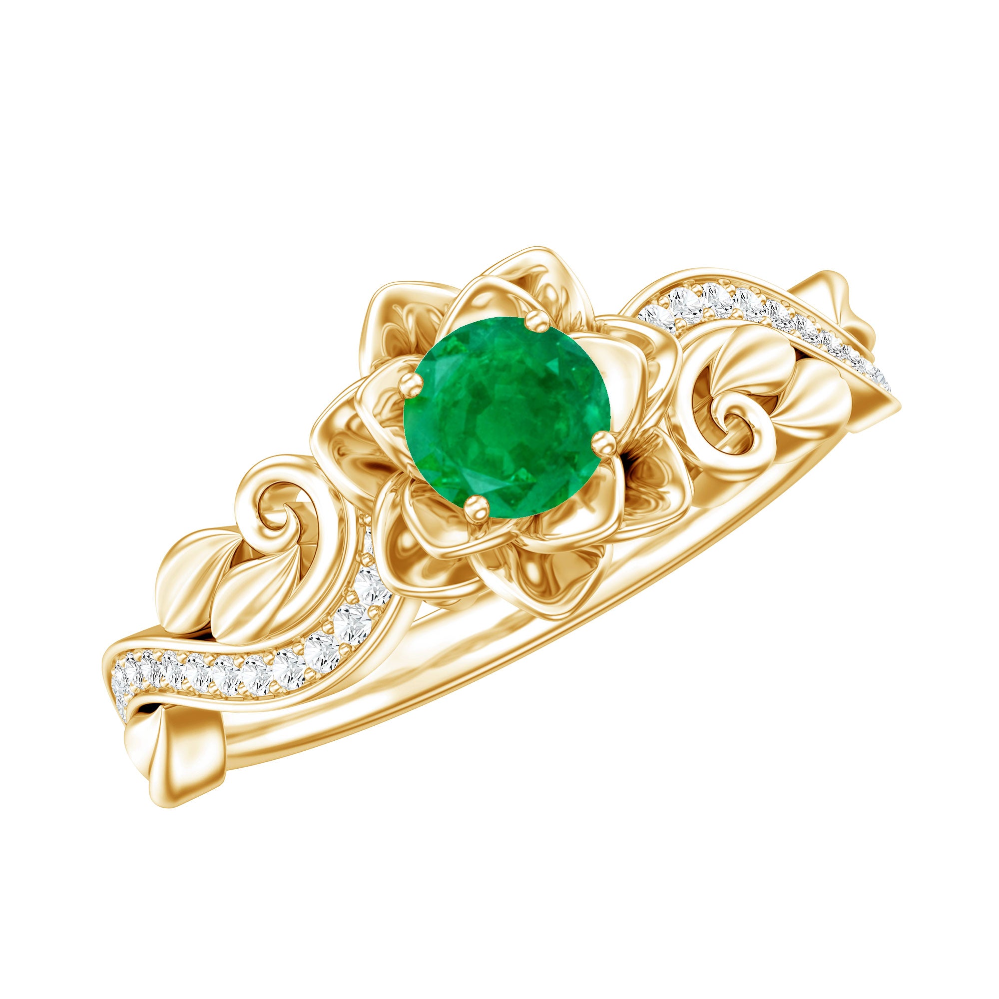 Certified 5 MM Emerald and Diamond Flower Engagement Ring AAA - Rosec Jewels