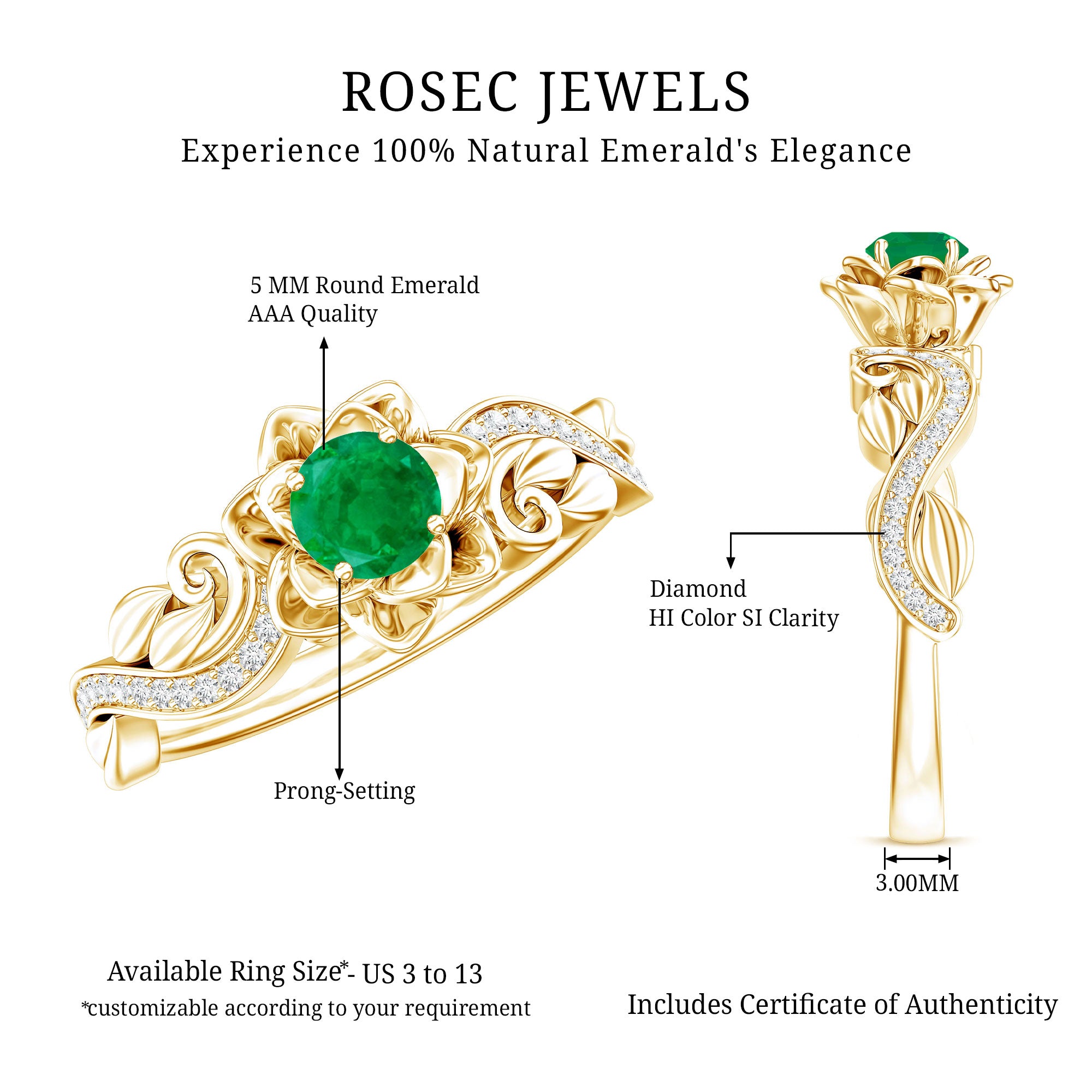 Natural Emerald Flower Engagement Ring with Diamond AAA - Rosec Jewels
