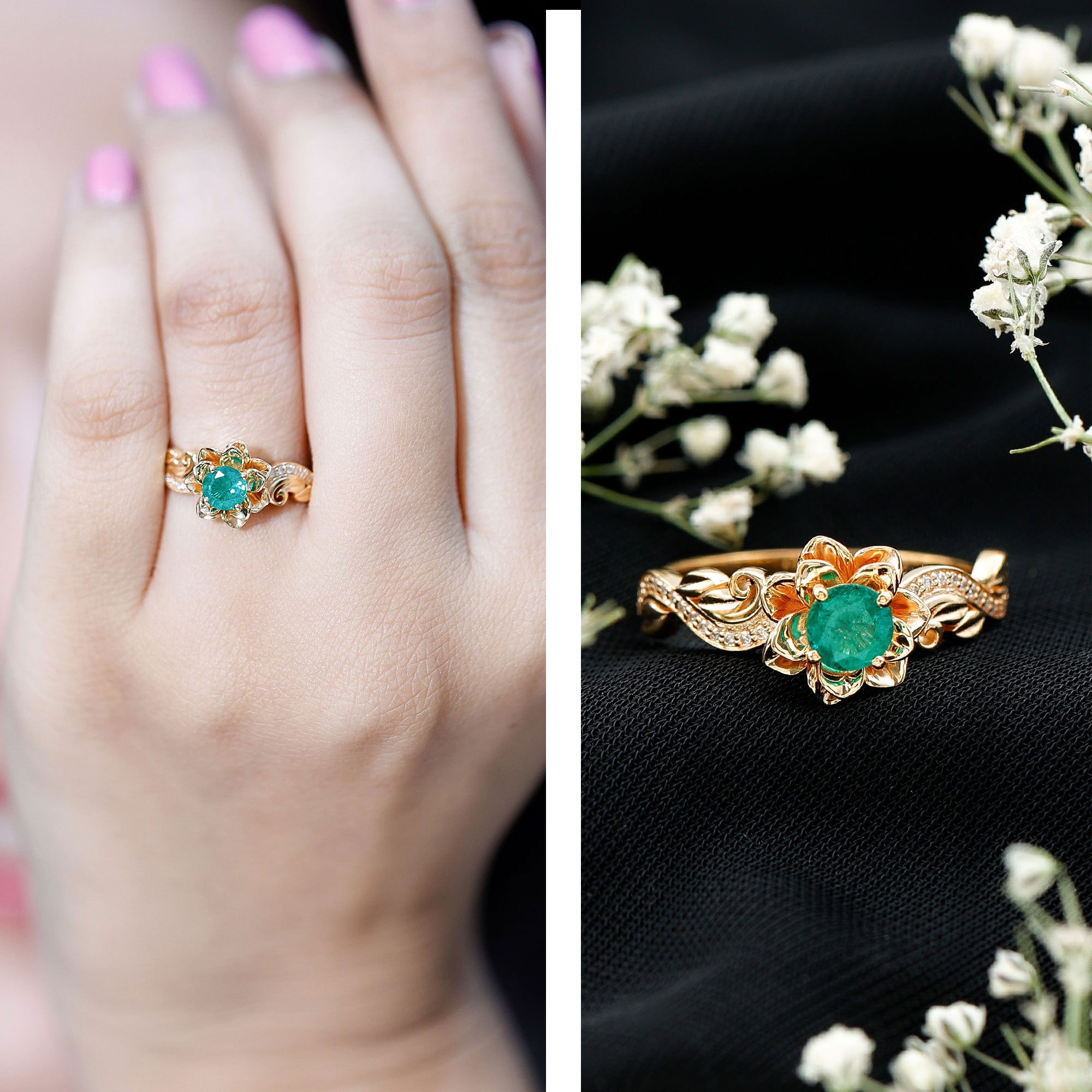 Certified 5 MM Emerald and Diamond Flower Engagement Ring AAA - Rosec Jewels