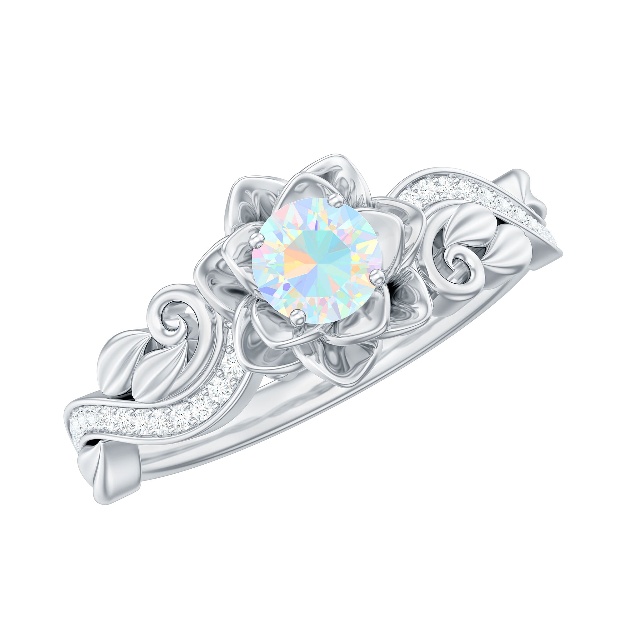 Genuine Ethiopian Opal Flower Engagement Ring With Real Diamond