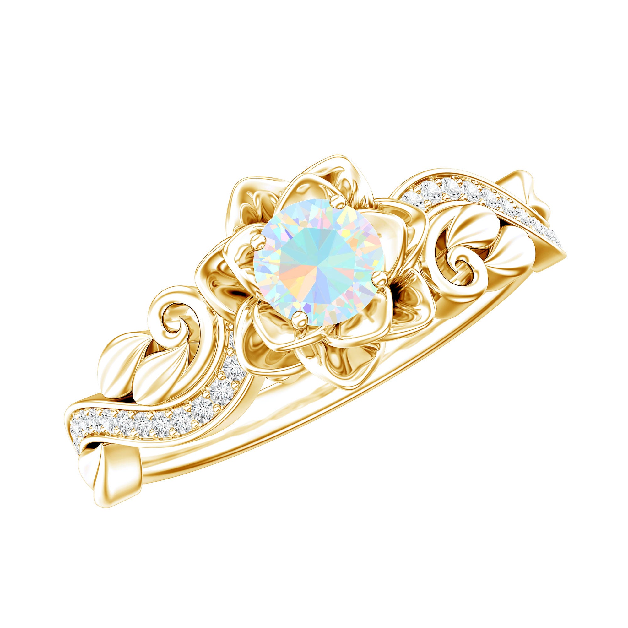 Genuine Ethiopian Opal Flower Engagement Ring With Real Diamond AAA - Rosec Jewels