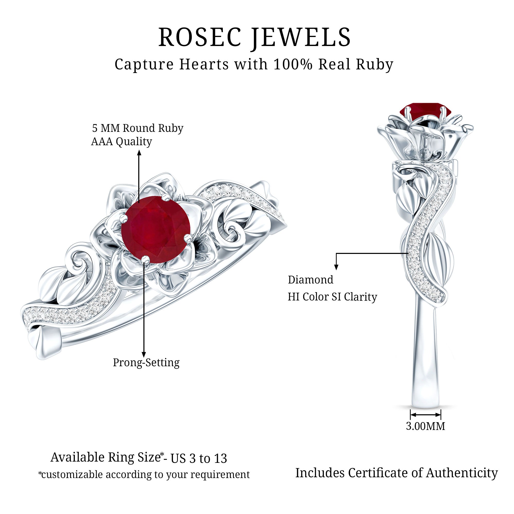 Nature Inspired 0.6 Carat Ruby Diamond Engagement Ring for Women AAA - Rosec Jewels