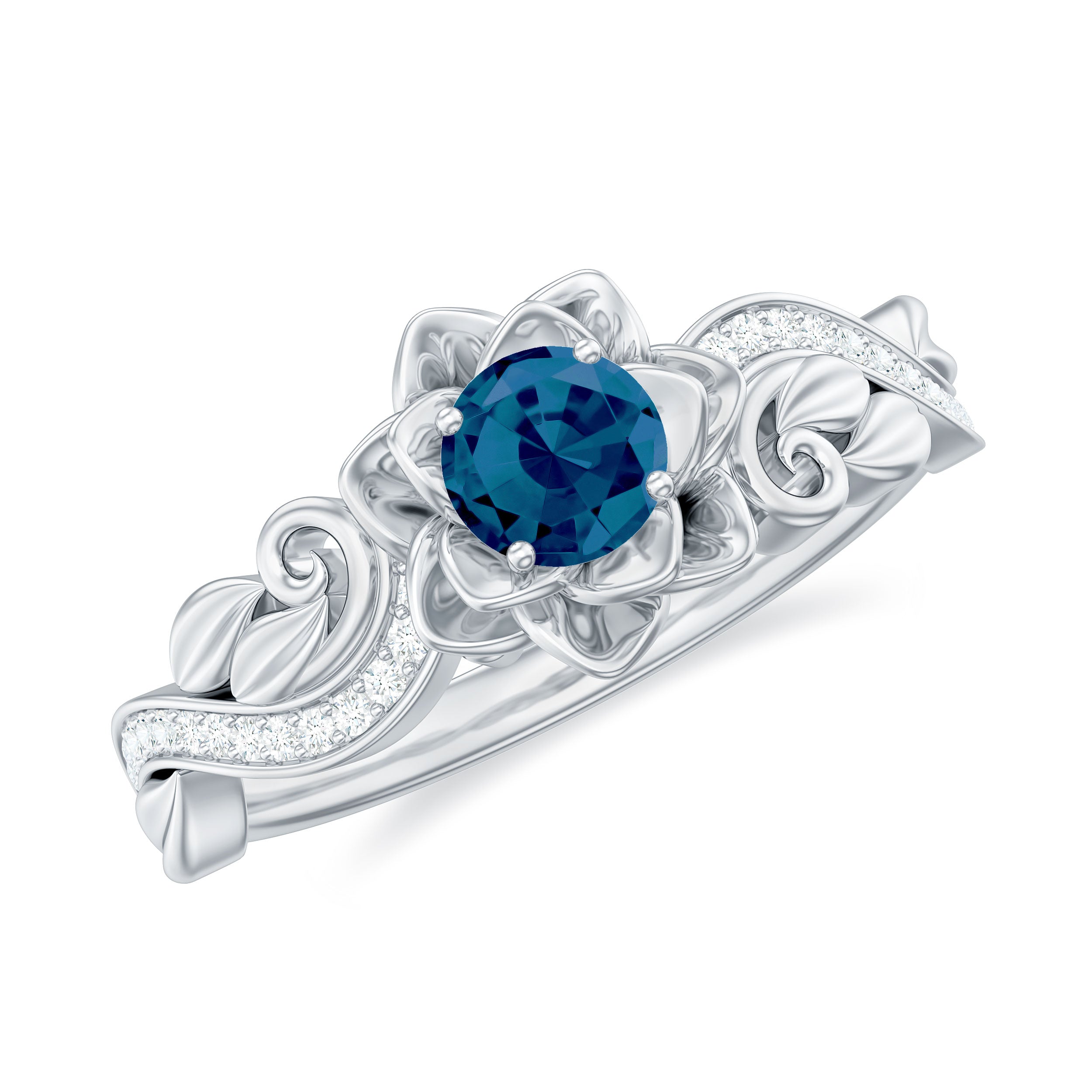 5mm Round Shape London Blue Topaz Nature Inspired Engagement Ring with Diamond AAA - Rosec Jewels