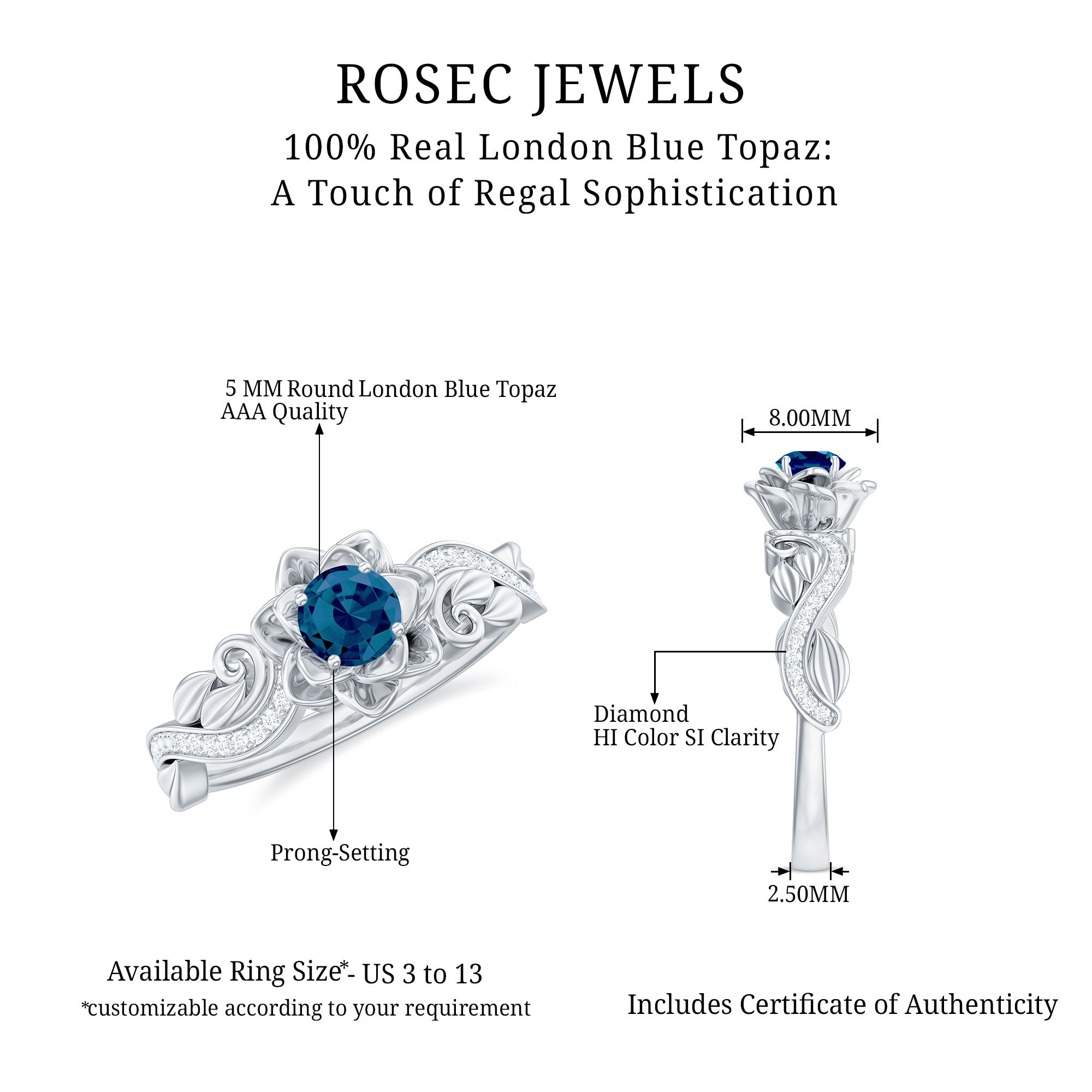 5mm Round Shape London Blue Topaz Nature Inspired Engagement Ring with Diamond AAA - Rosec Jewels