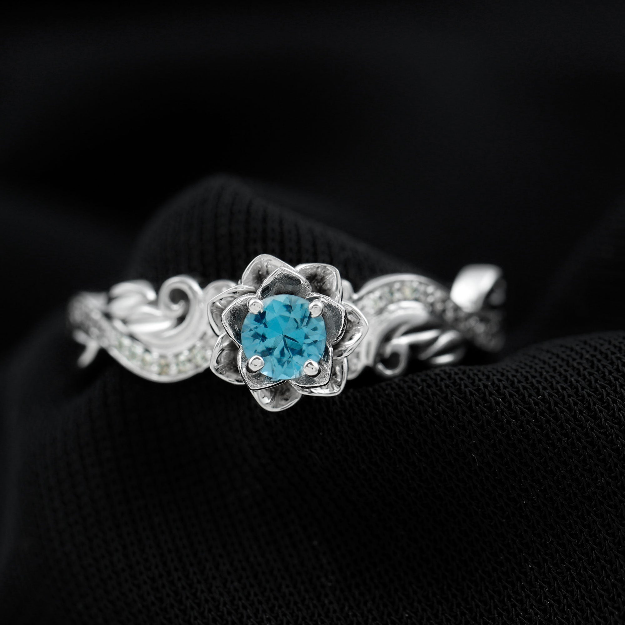 5mm Round Shape London Blue Topaz Nature Inspired Engagement Ring with Diamond AAA - Rosec Jewels