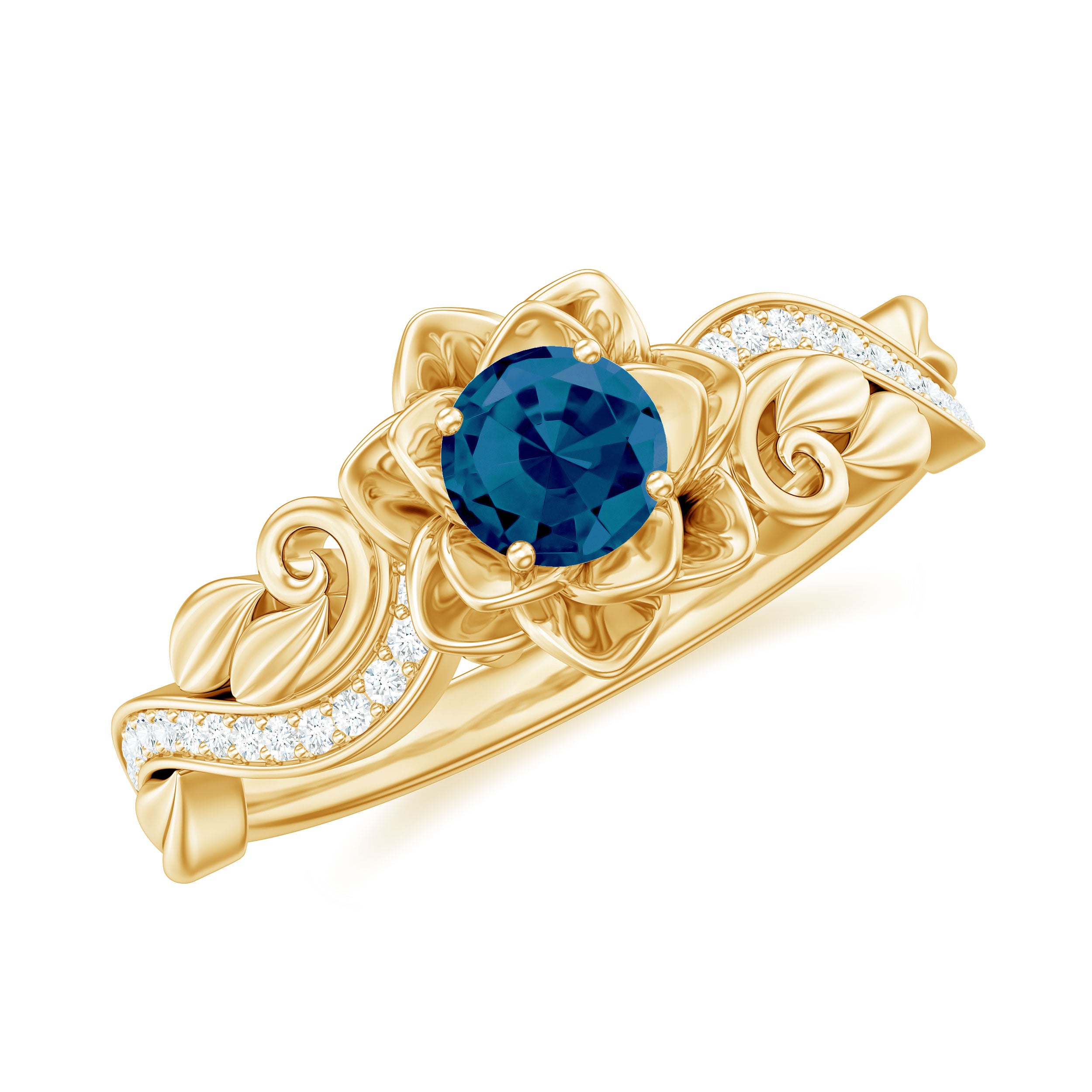 5mm Round Shape London Blue Topaz Nature Inspired Engagement Ring with Diamond AAA - Rosec Jewels