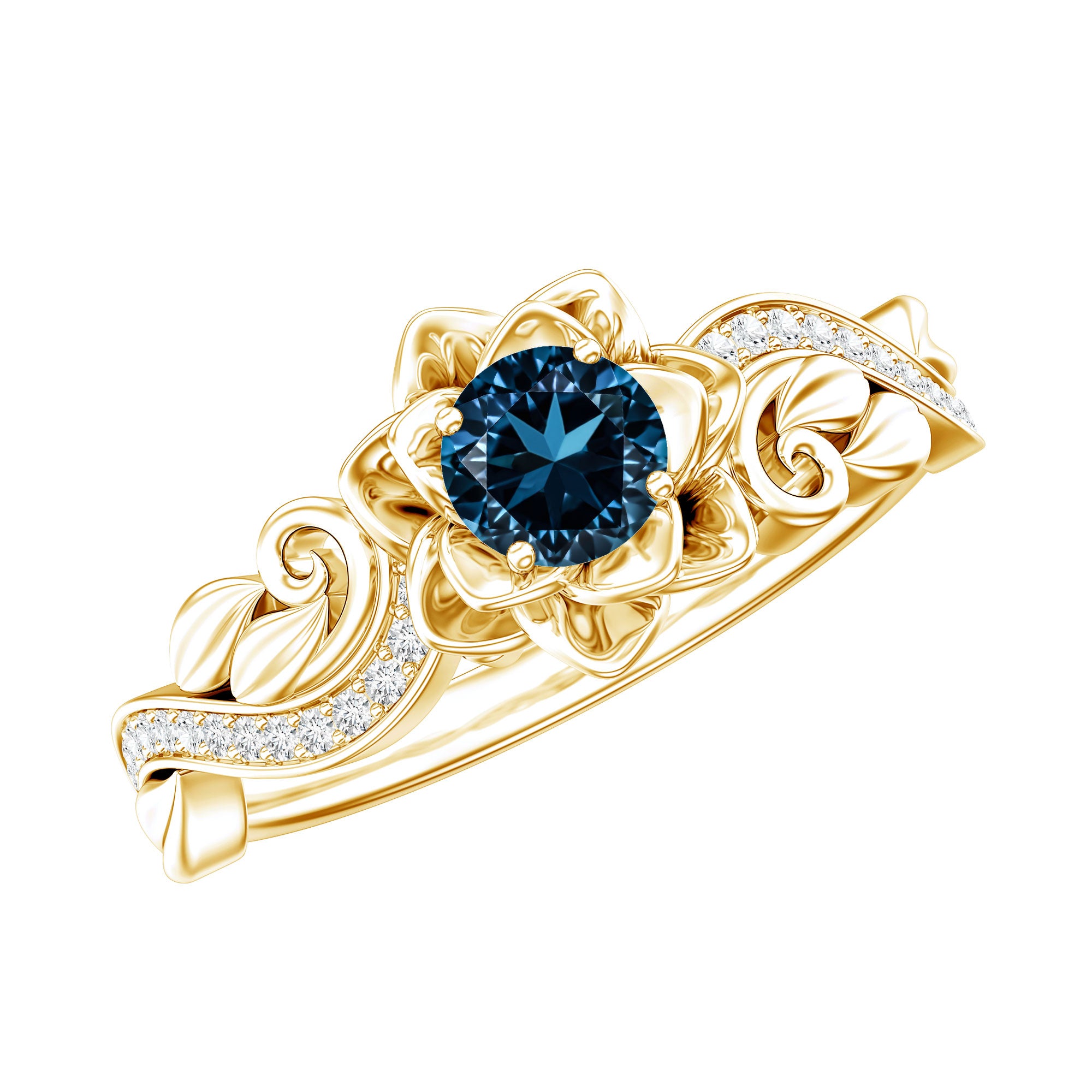 5mm Round Shape London Blue Topaz Nature Inspired Engagement Ring with Diamond AAA - Rosec Jewels