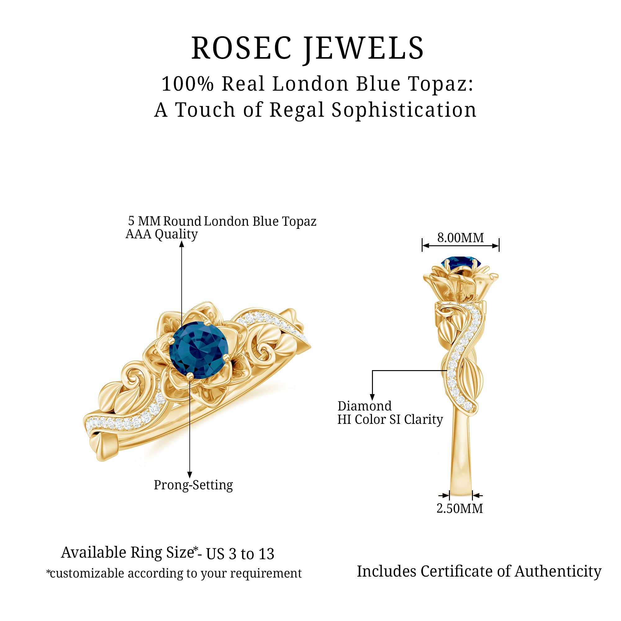 5mm Round Shape London Blue Topaz Nature Inspired Engagement Ring with Diamond AAA - Rosec Jewels