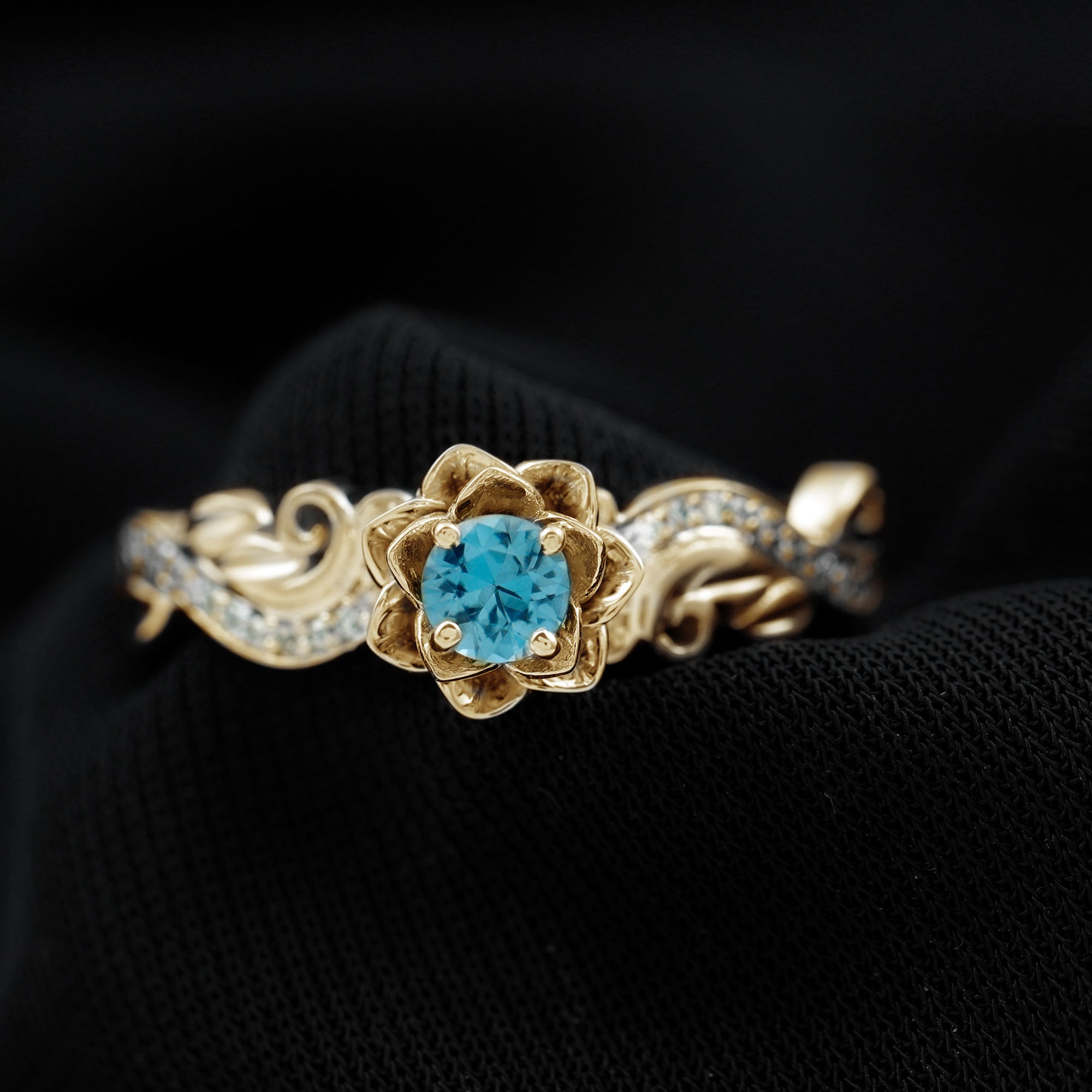5mm Round Shape London Blue Topaz Nature Inspired Engagement Ring with Diamond AAA - Rosec Jewels