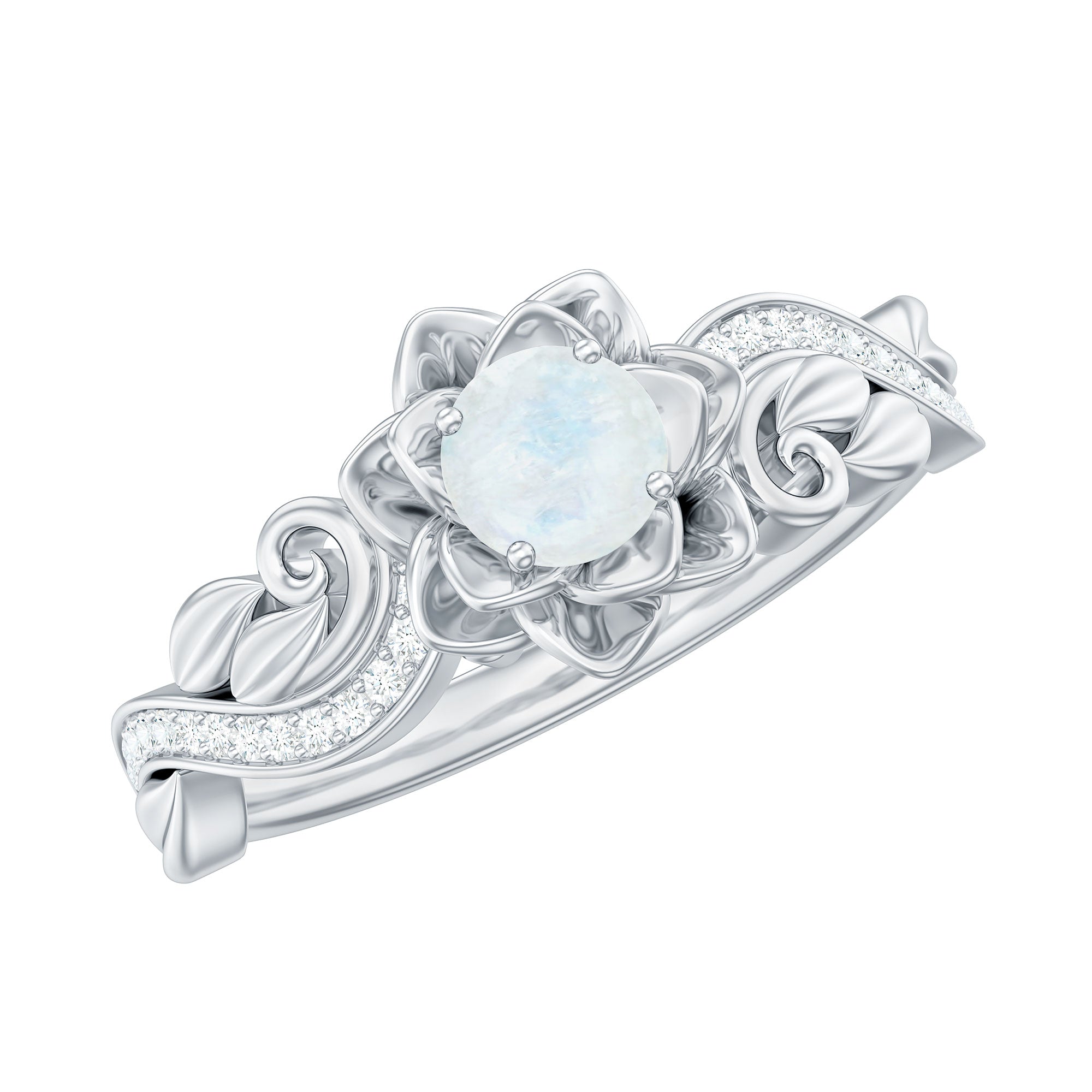 Natural Moonstone Rose Flower Engagement Ring With Diamond