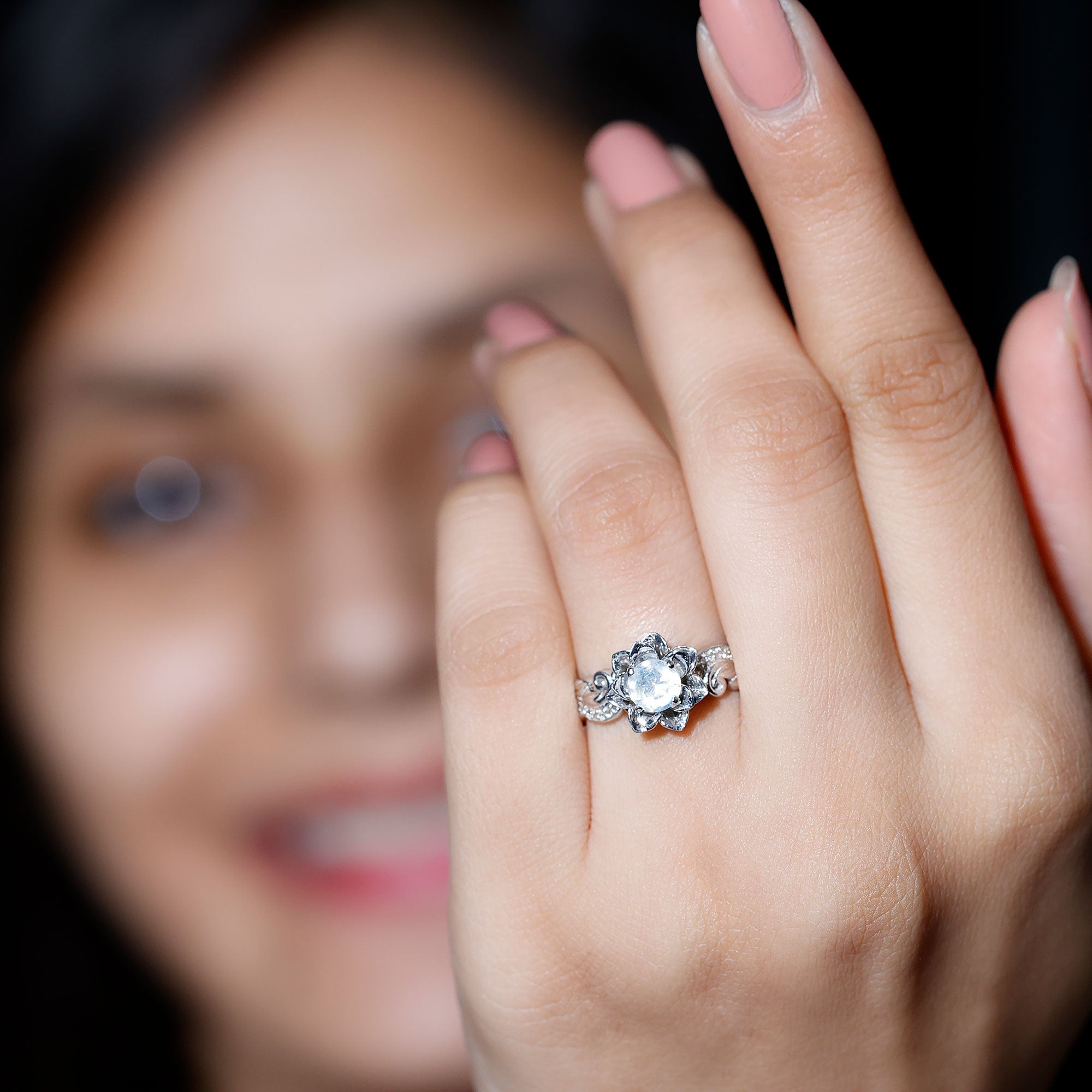 Natural Moonstone Rose Flower Engagement Ring With Diamond AAA - Rosec Jewels