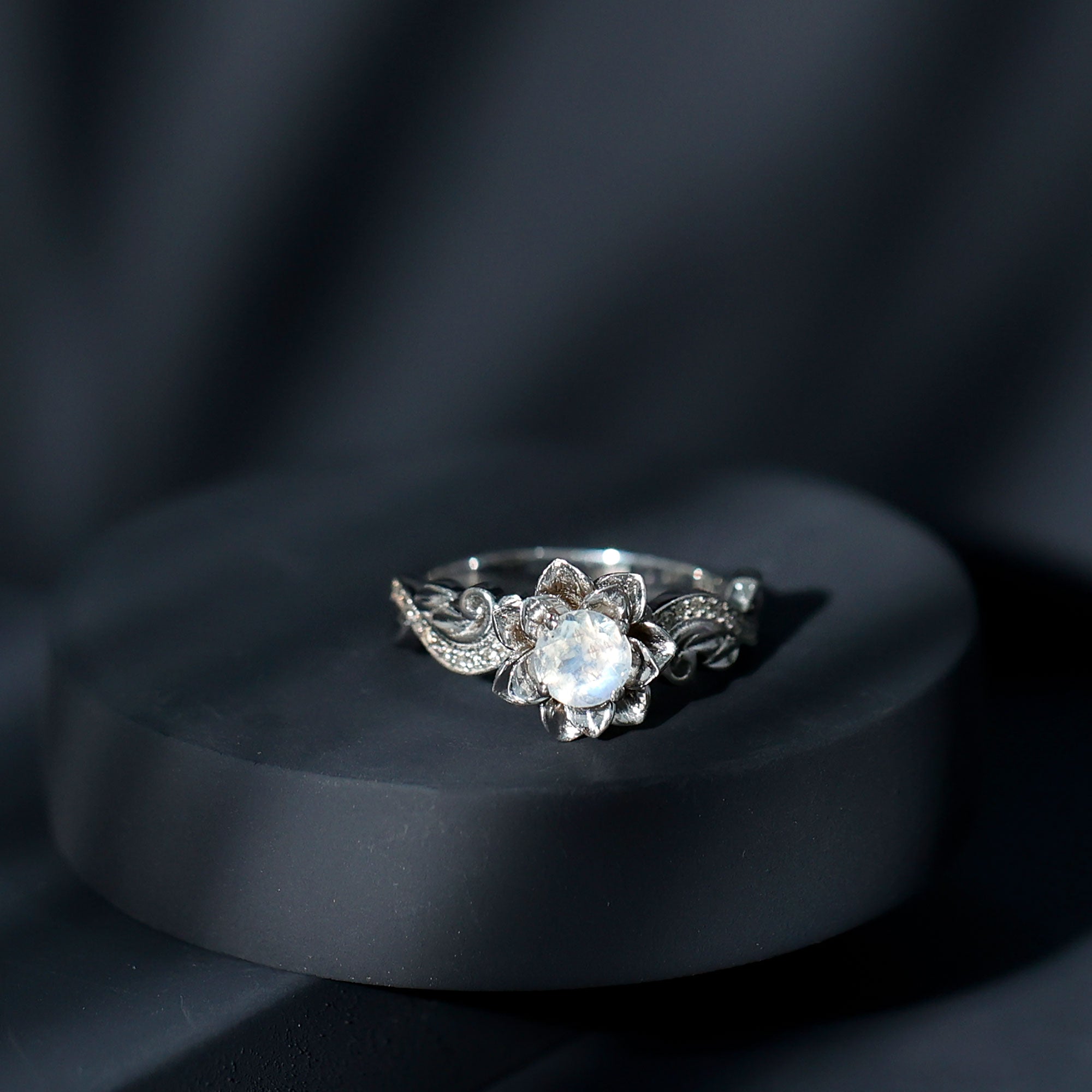 Natural Moonstone Rose Flower Engagement Ring With Diamond AAA - Rosec Jewels