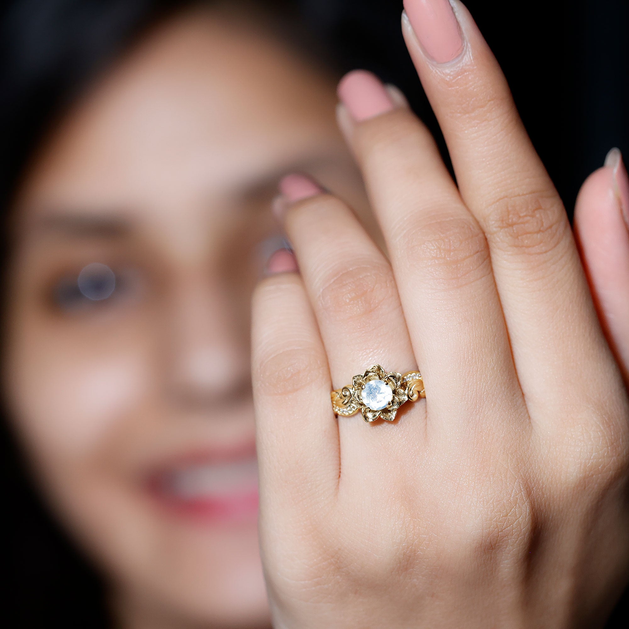 Natural Moonstone Rose Flower Engagement Ring With Diamond AAA - Rosec Jewels