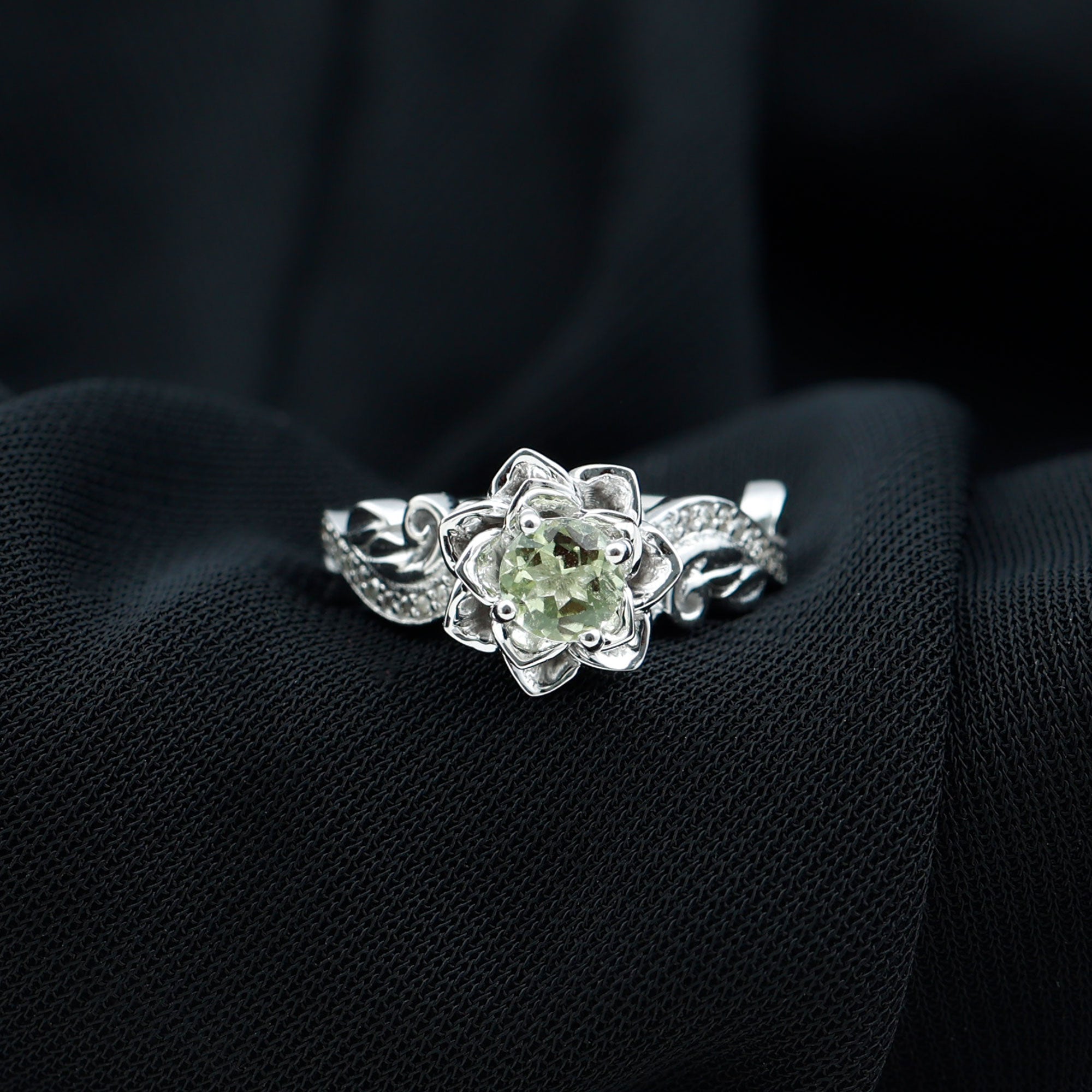 Genuine Peridot and Diamond Flower Inspired Engagement Ring AAA - Rosec Jewels