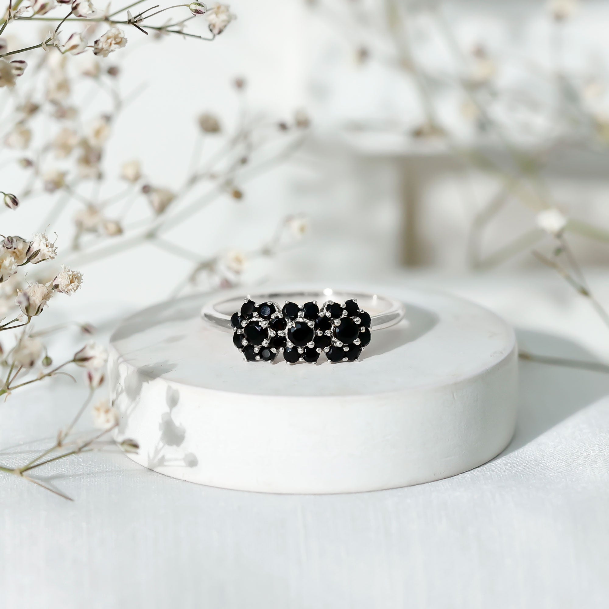 Certified Black Onyx Flower Engagement Ring AAA - Rosec Jewels