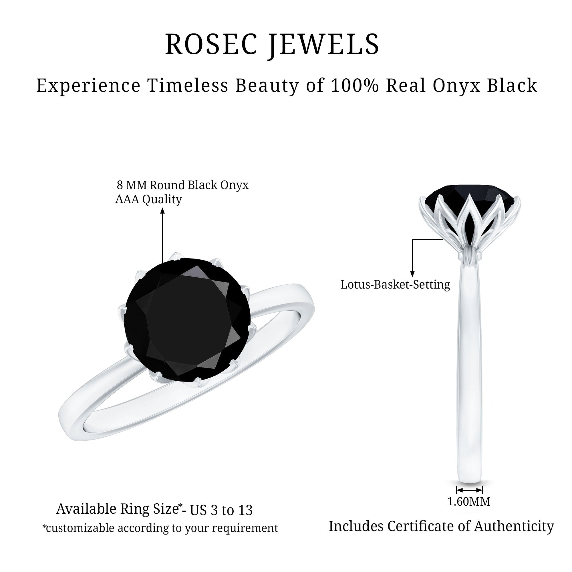 Lotus Basket Set Solitaire Black Onyx Engagement Ring for Women AAA - Rosec Jewels